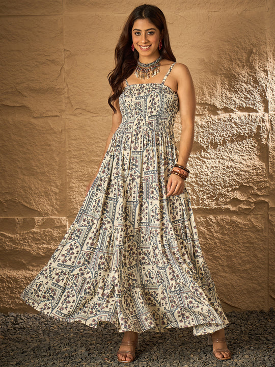 Cadet Blue Ethnic Window Tiered Dress