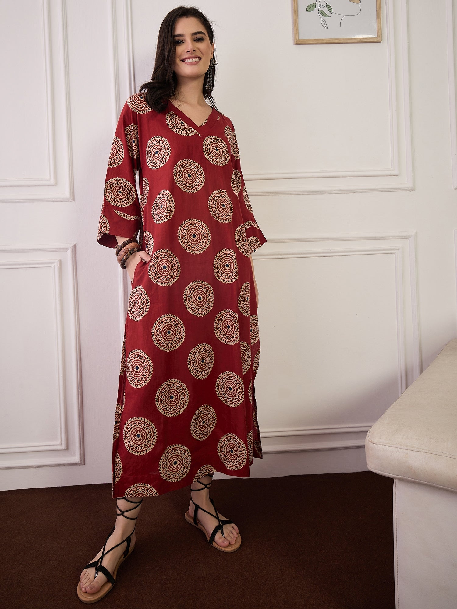 Rust Geometric Circles Print V Neck Long Dress (To be dispatched in 7 -8 days)