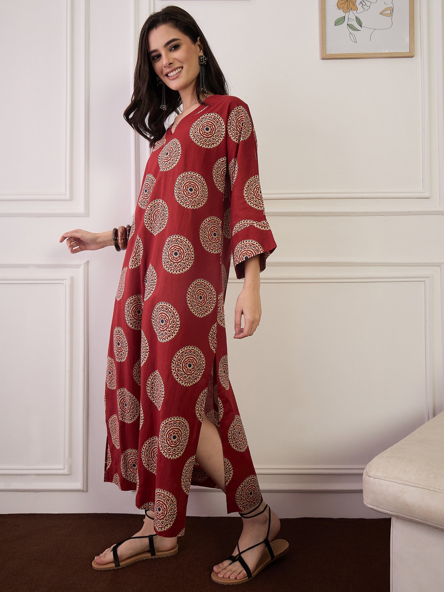 Rust Geometric Circles Print V Neck Long Dress (To be dispatched in 7 -8 days)