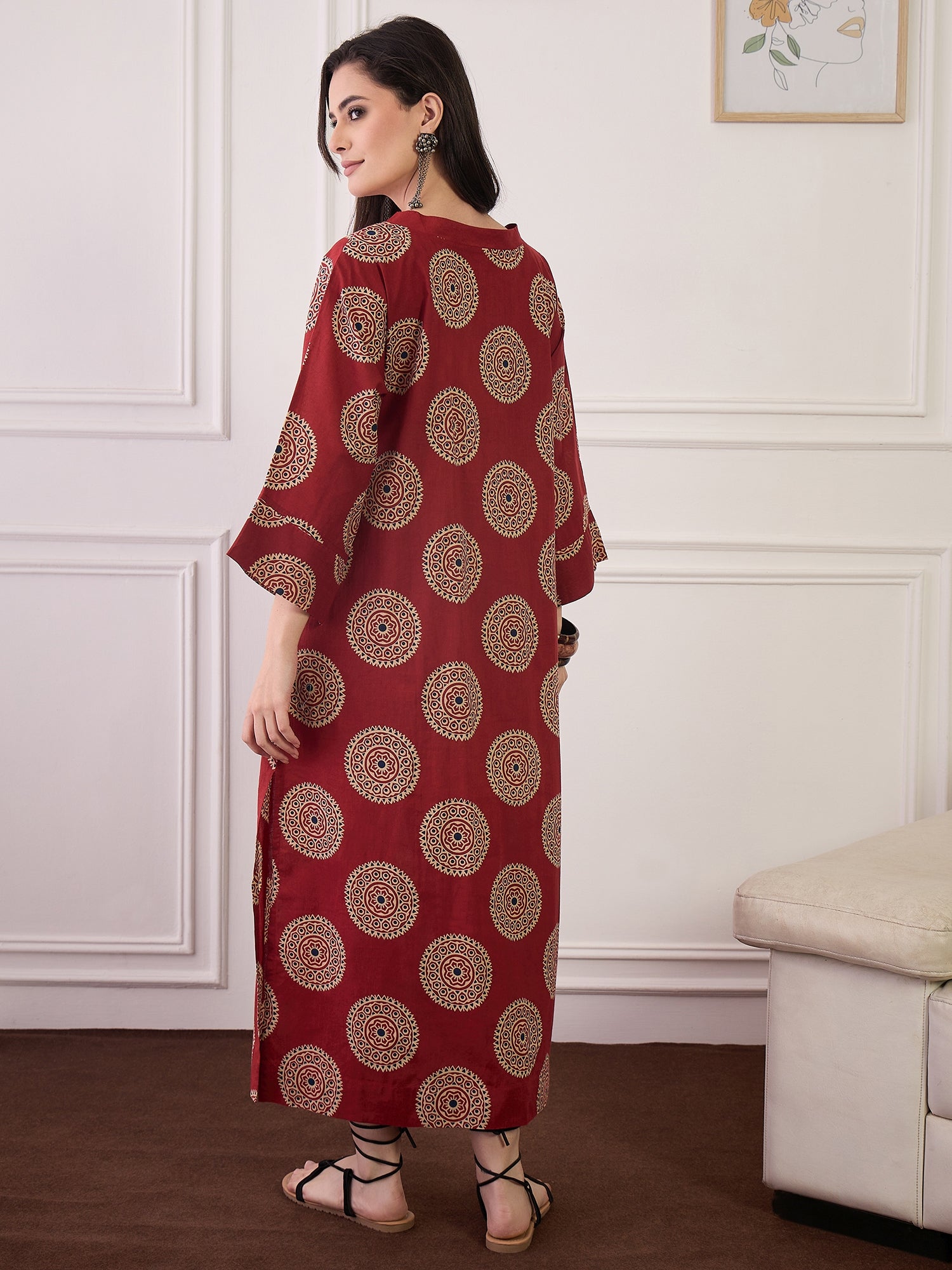 Rust Geometric Circles Print V Neck Long Dress (To be dispatched in 7 -8 days)