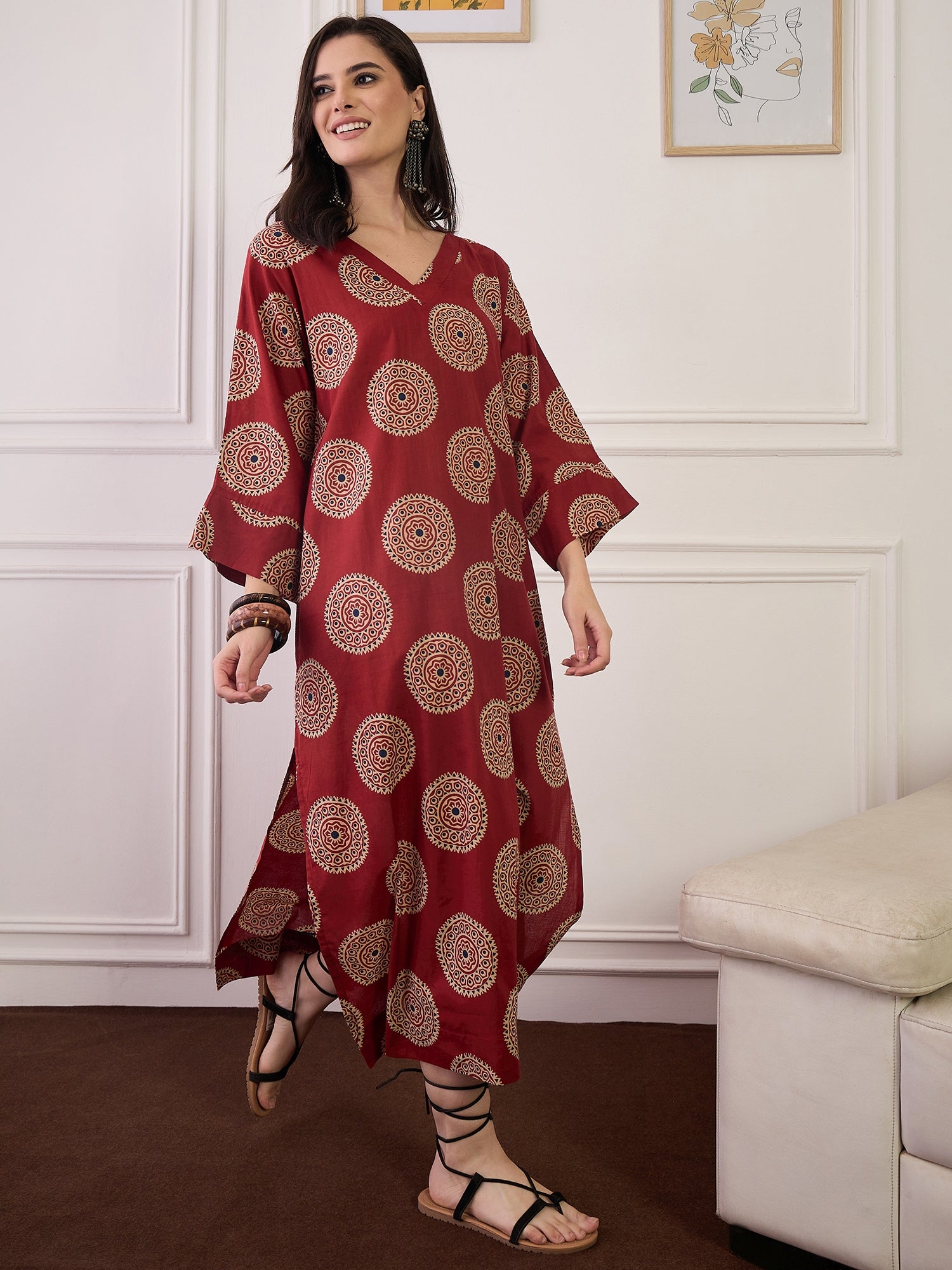 Rust Geometric Circles Print V Neck Long Dress (To be dispatched in 7 -8 days)