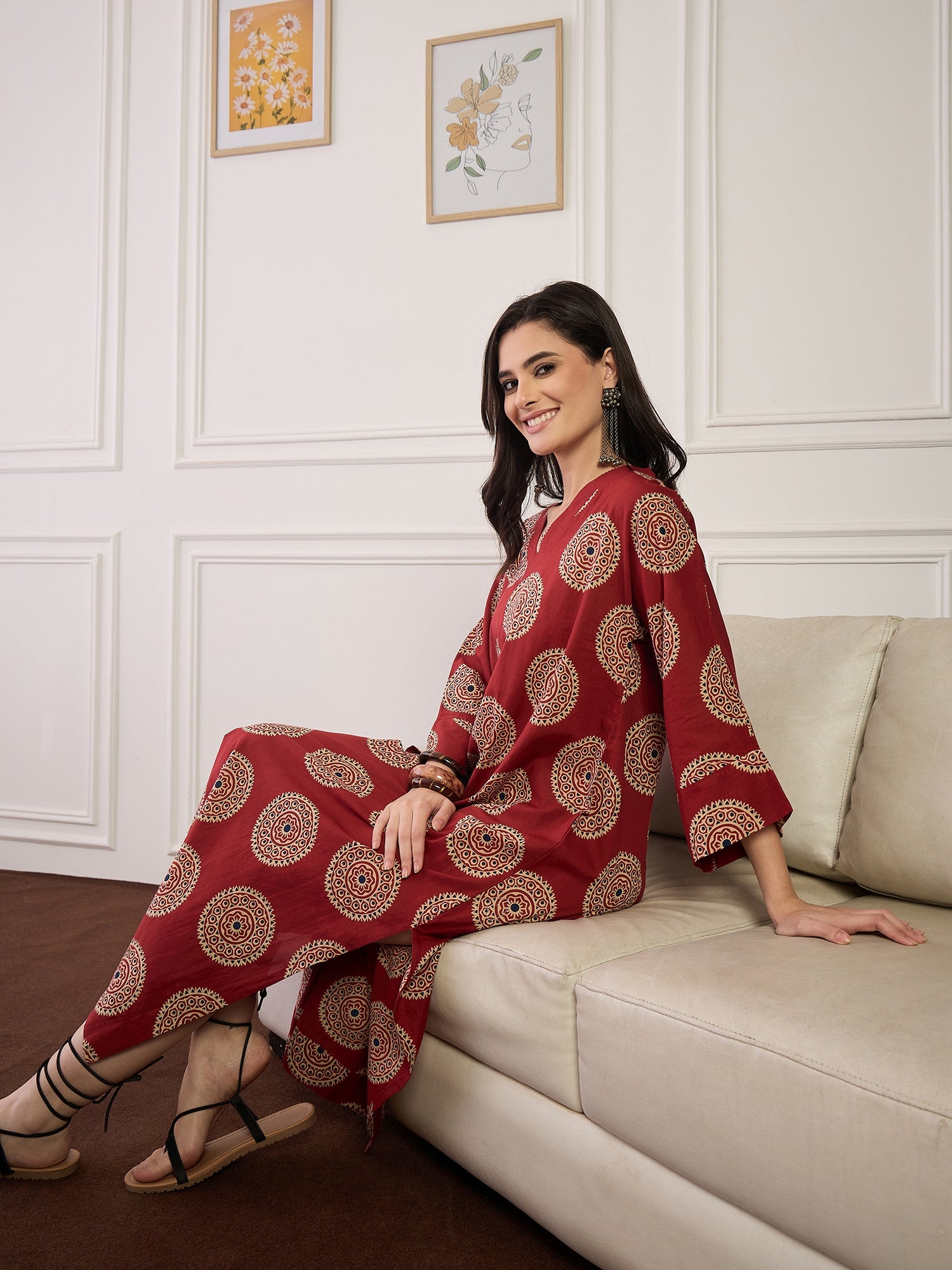 Rust Geometric Circles Print V Neck Long Dress (To be dispatched in 7 -8 days)