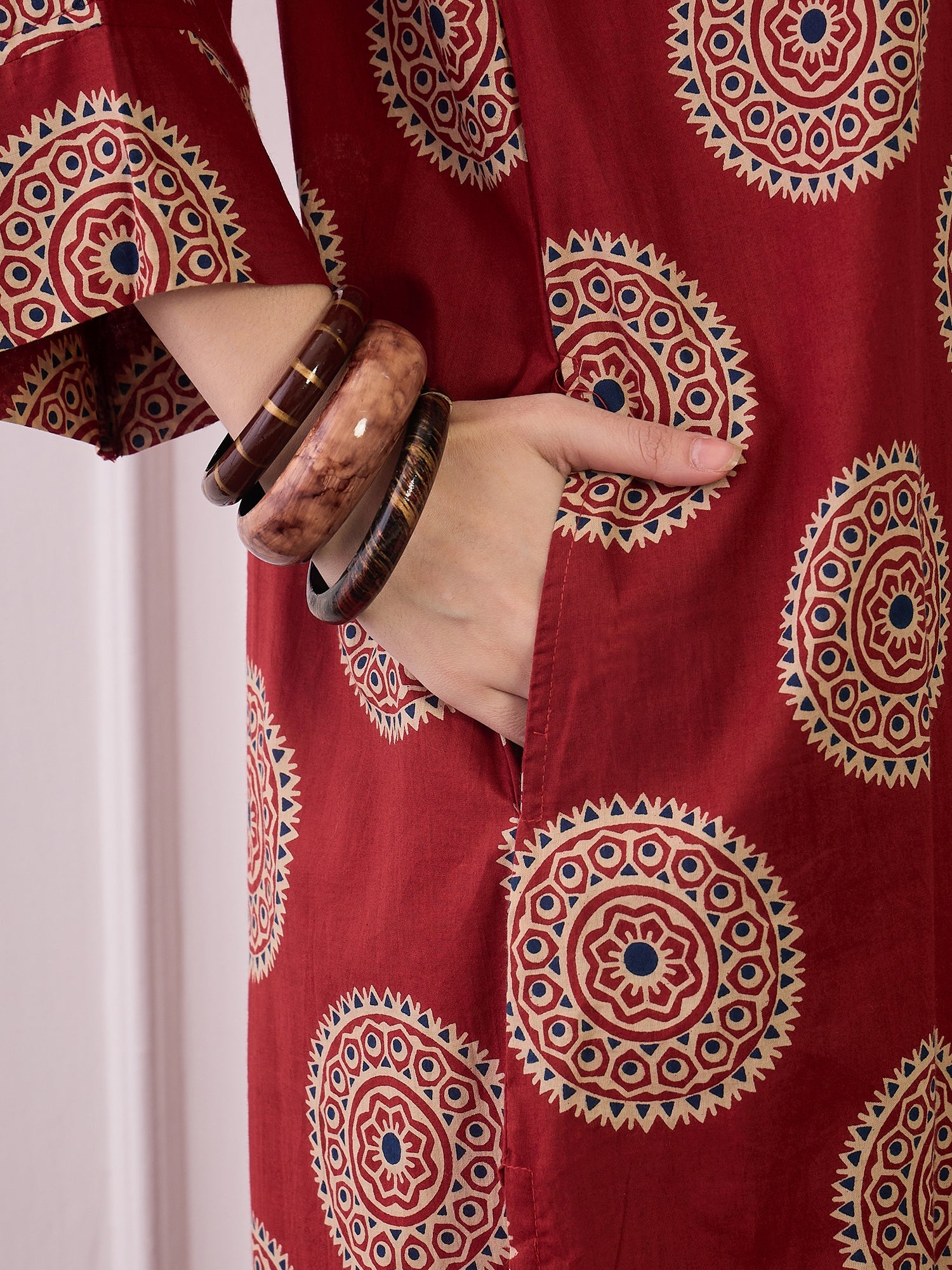 Rust Geometric Circles Print V Neck Long Dress (To be dispatched in 7 -8 days)