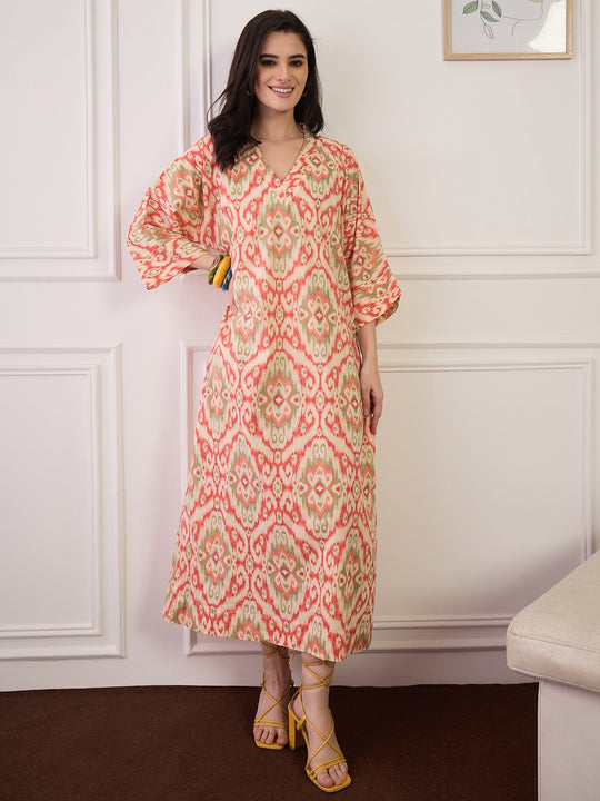 Cream Red Ikkat Print V Neck Long Dress