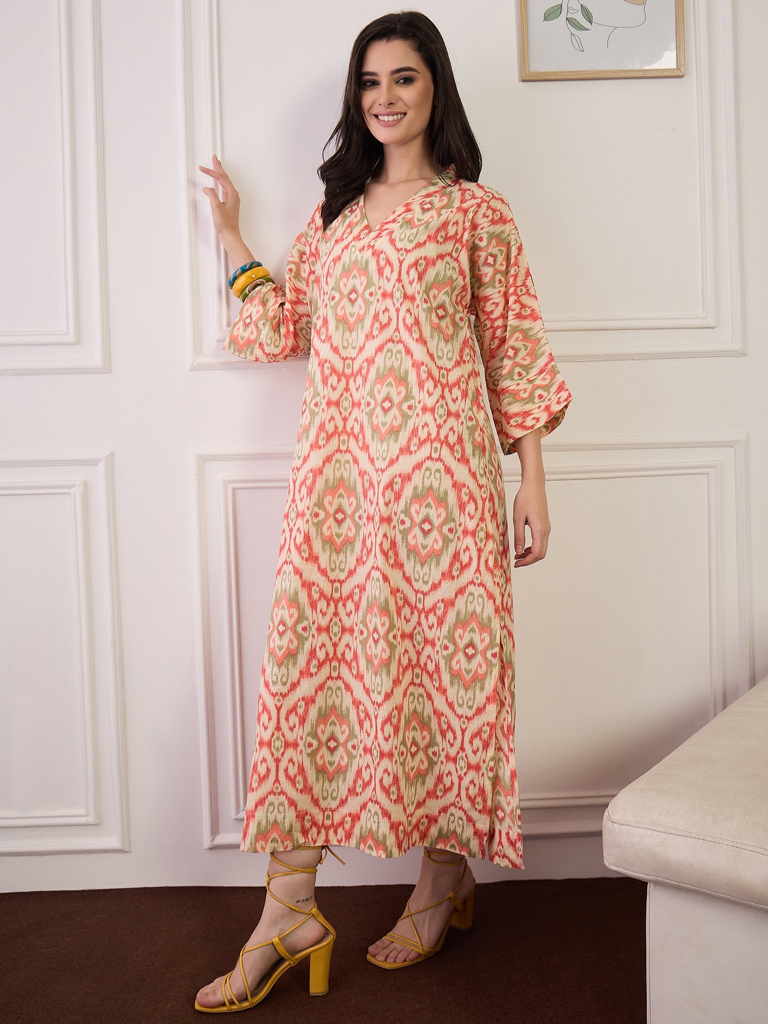 Cream Red Ikkat Print V Neck Long Dress