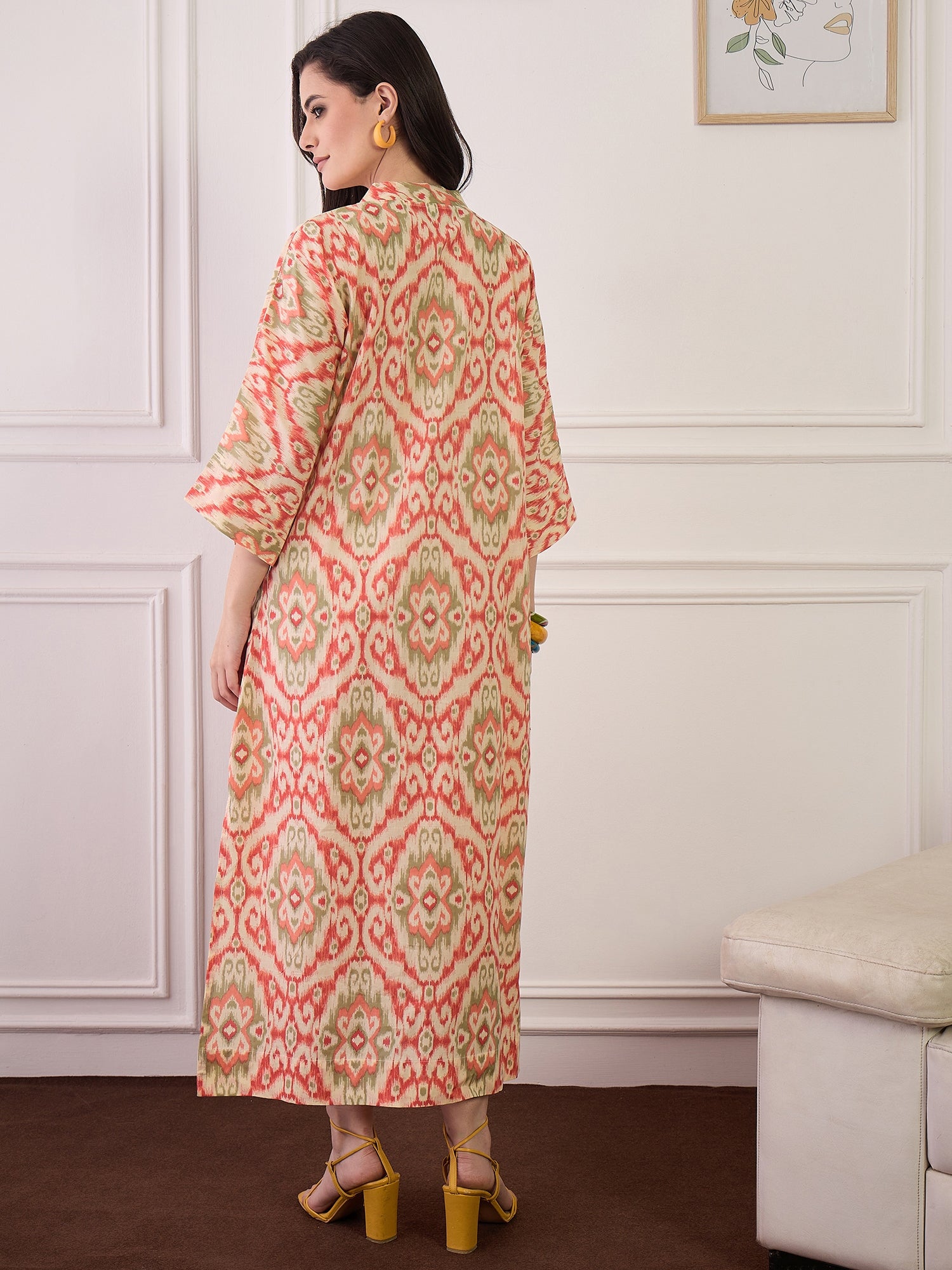 Cream Red Ikkat Print V Neck Long Dress