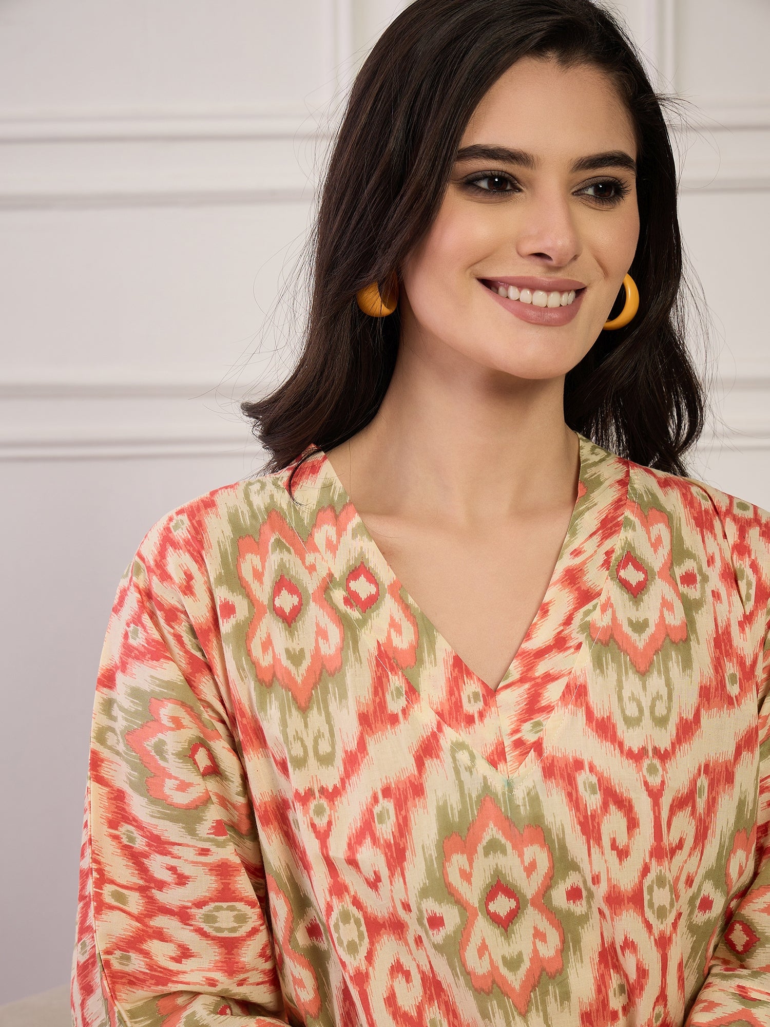 Cream Red Ikkat Print V Neck Long Dress