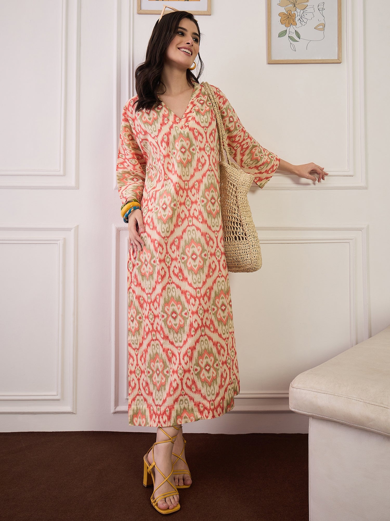 Cream Red Ikkat Print V Neck Long Dress