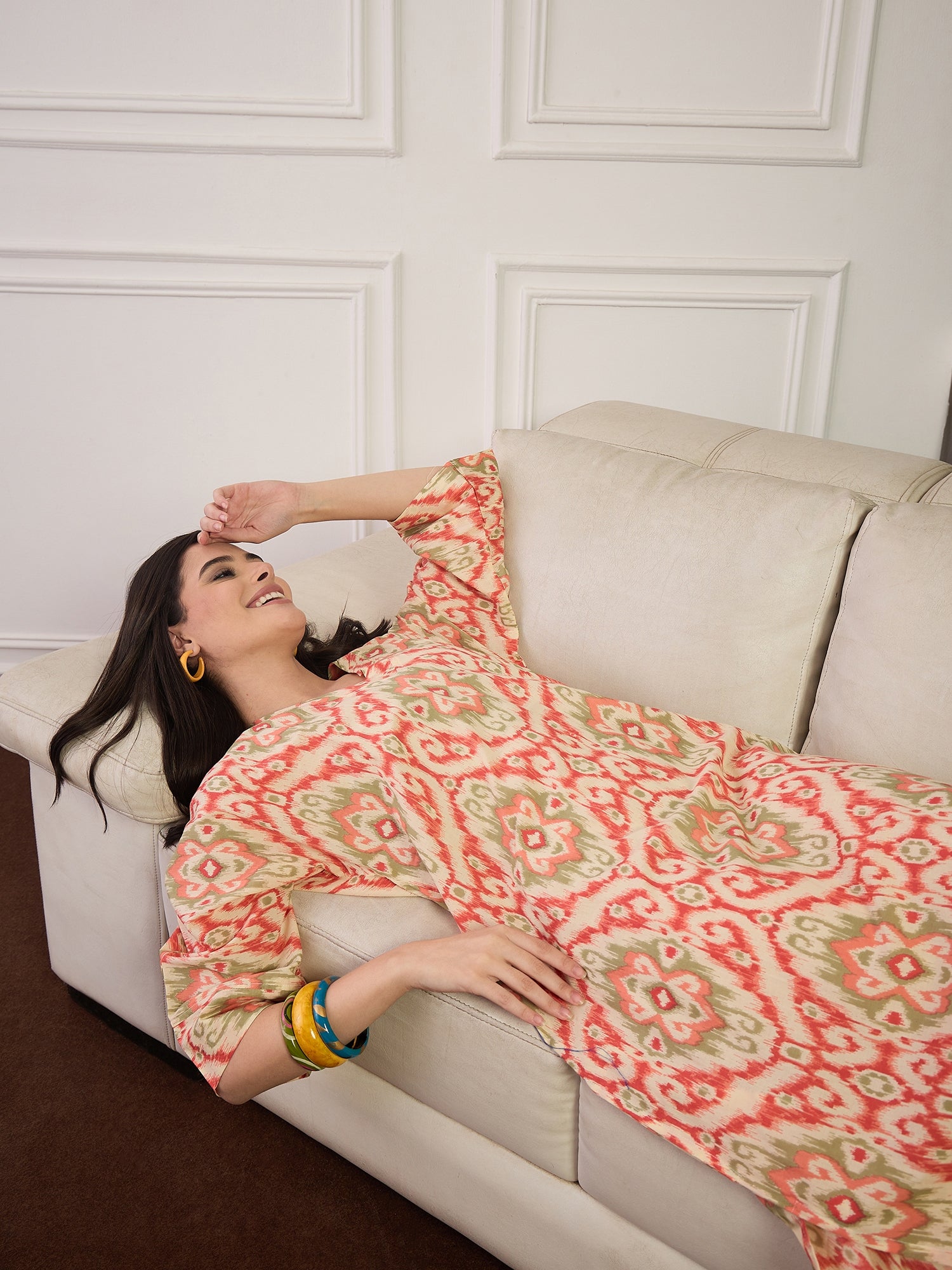 Cream Red Ikkat Print V Neck Long Dress