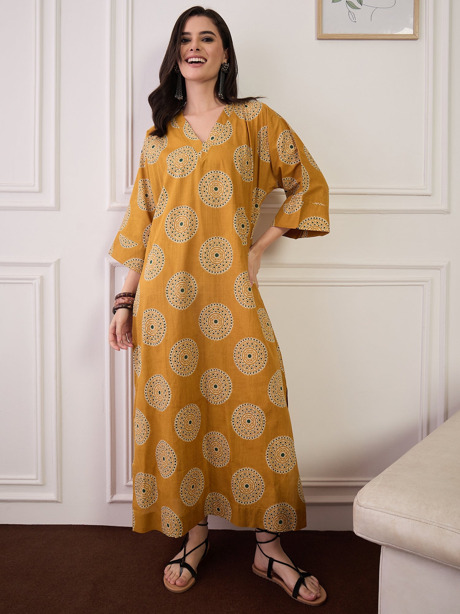 Mustard Geometric Circles Print V Neck Long Dress