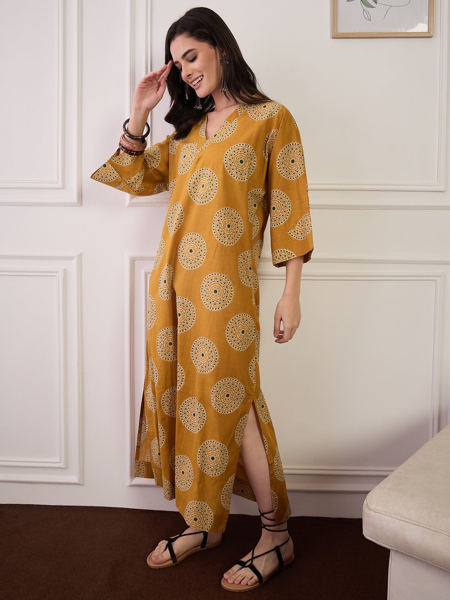 Mustard Geometric Circles Print V Neck Long Dress