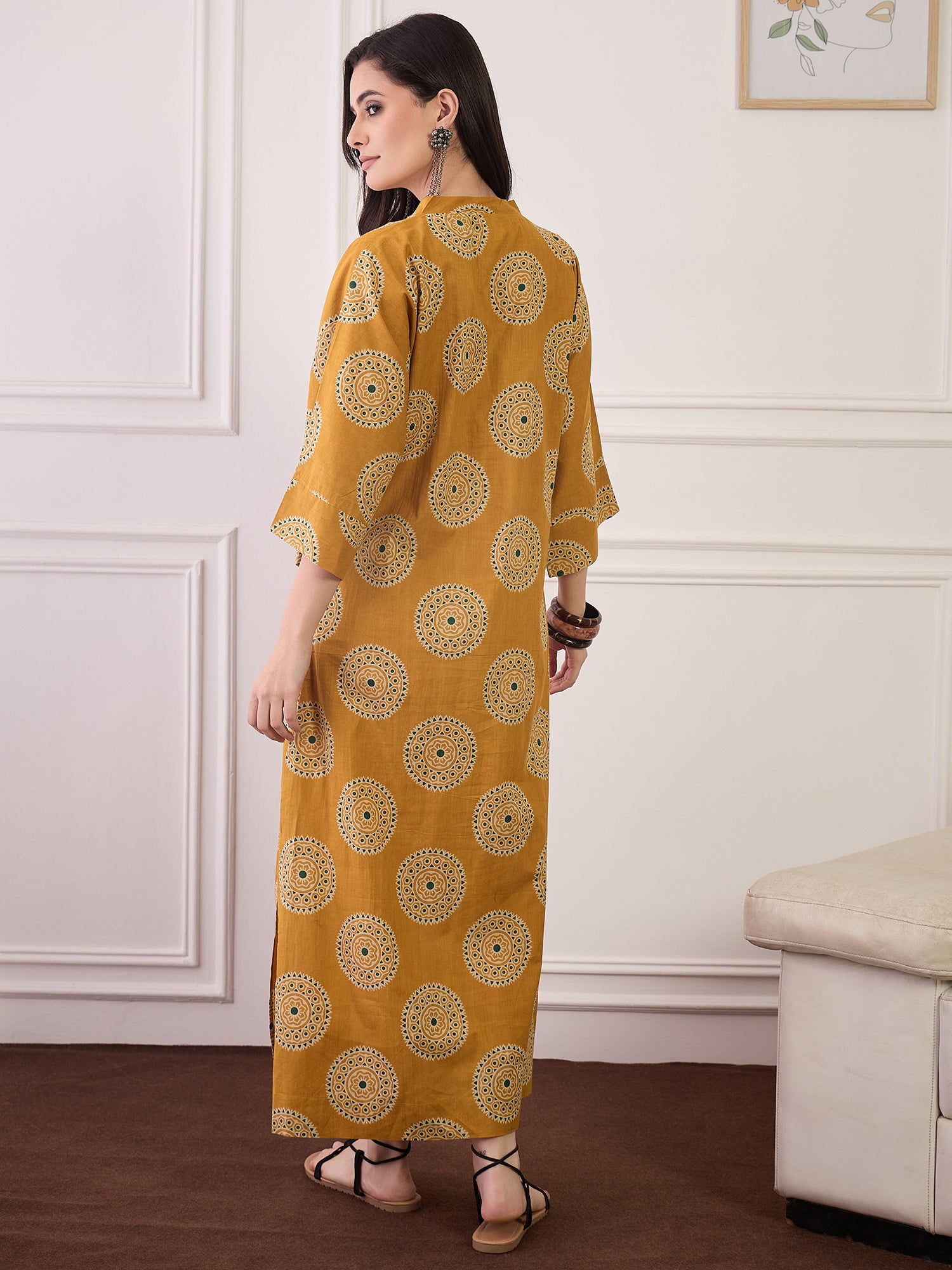 Mustard Geometric Circles Print V Neck Long Dress