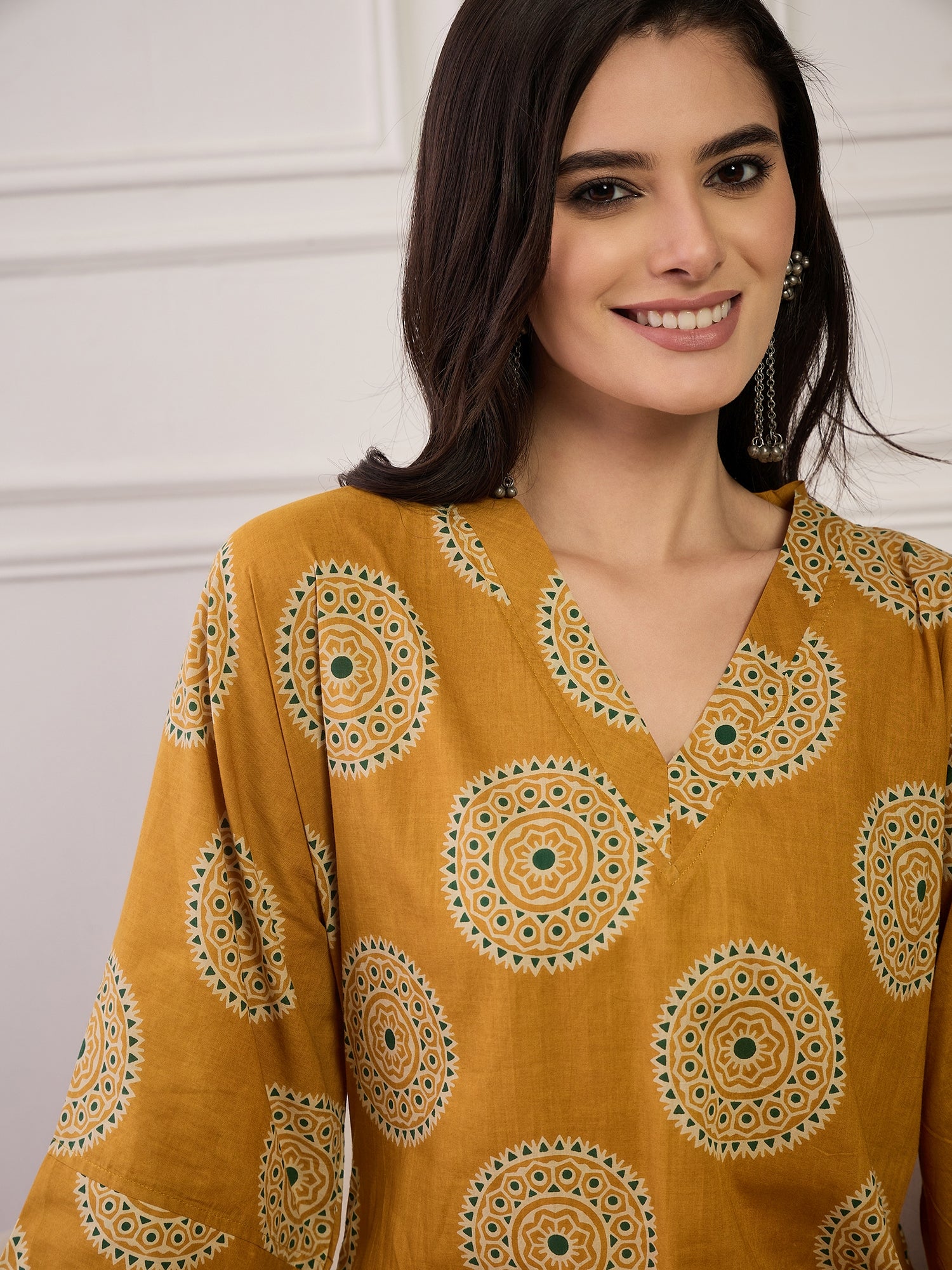 Mustard Geometric Circles Print V Neck Long Dress