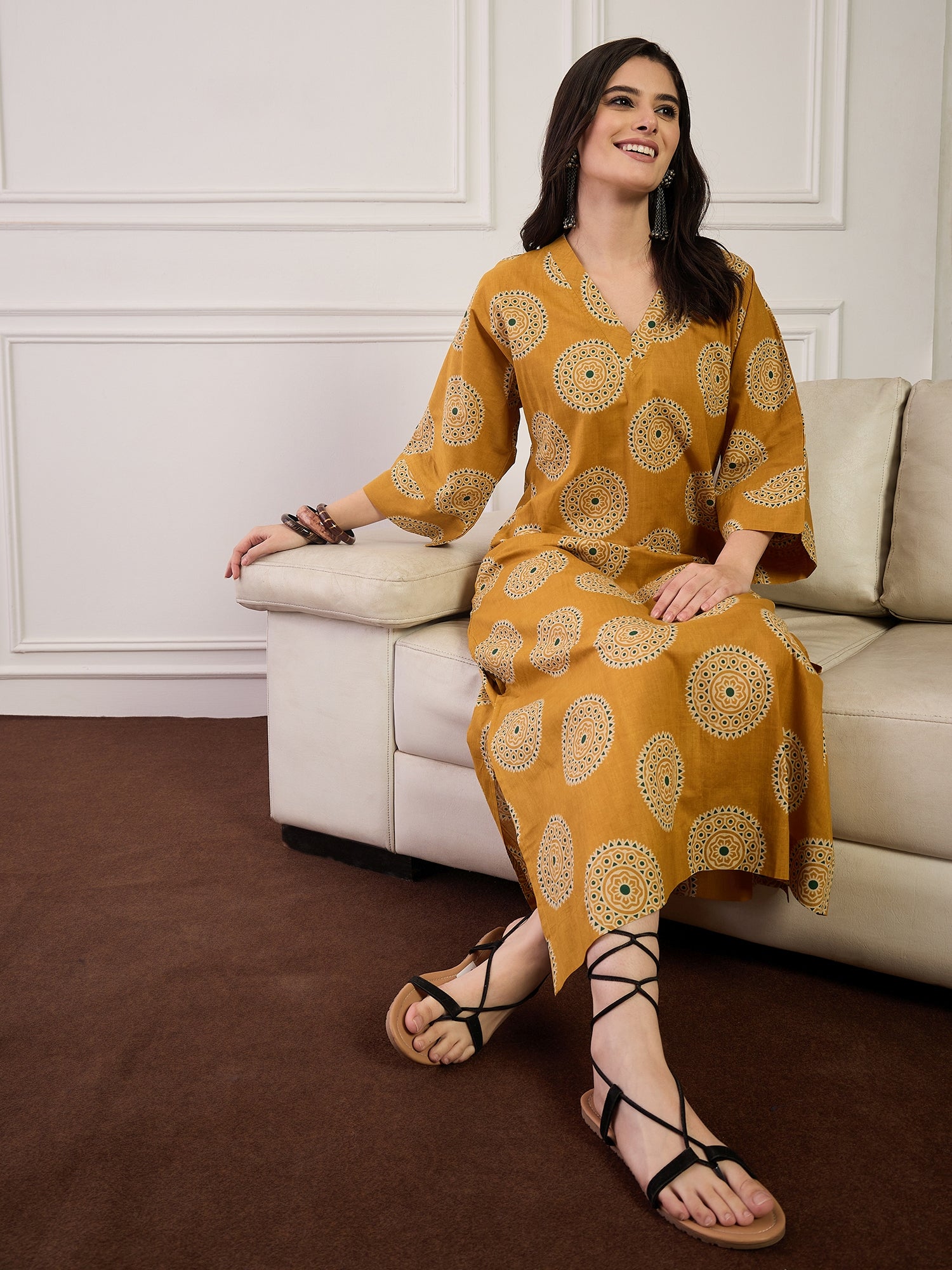 Mustard Geometric Circles Print V Neck Long Dress