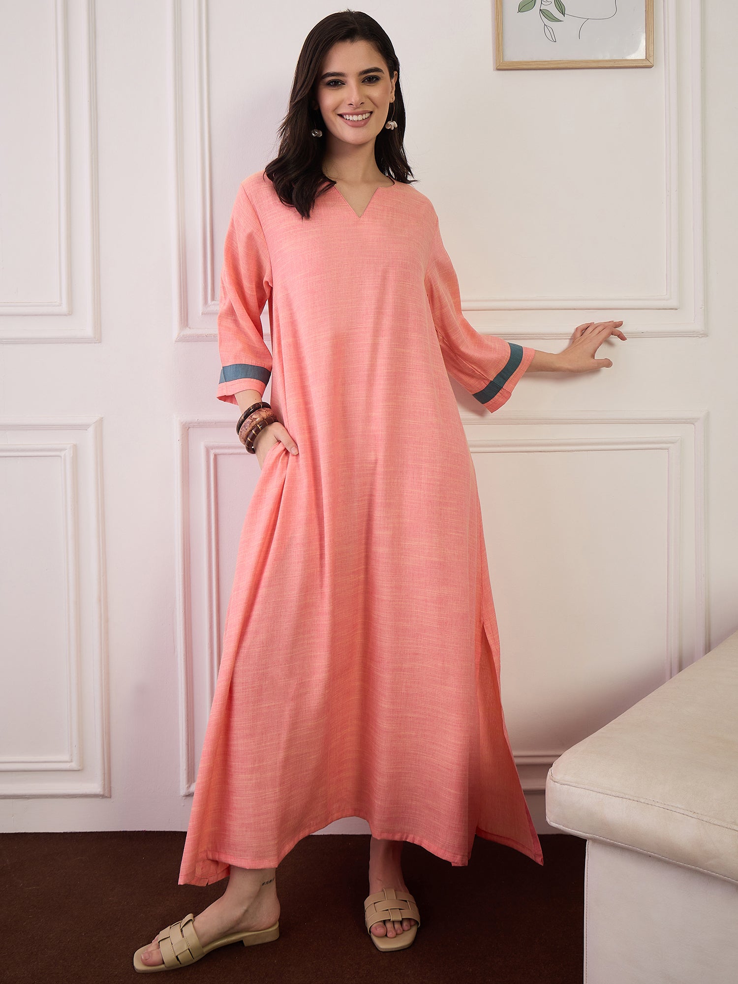 Peach Blue Patti V Neck Long Dress (To be dispatched in 7 -8 days)
