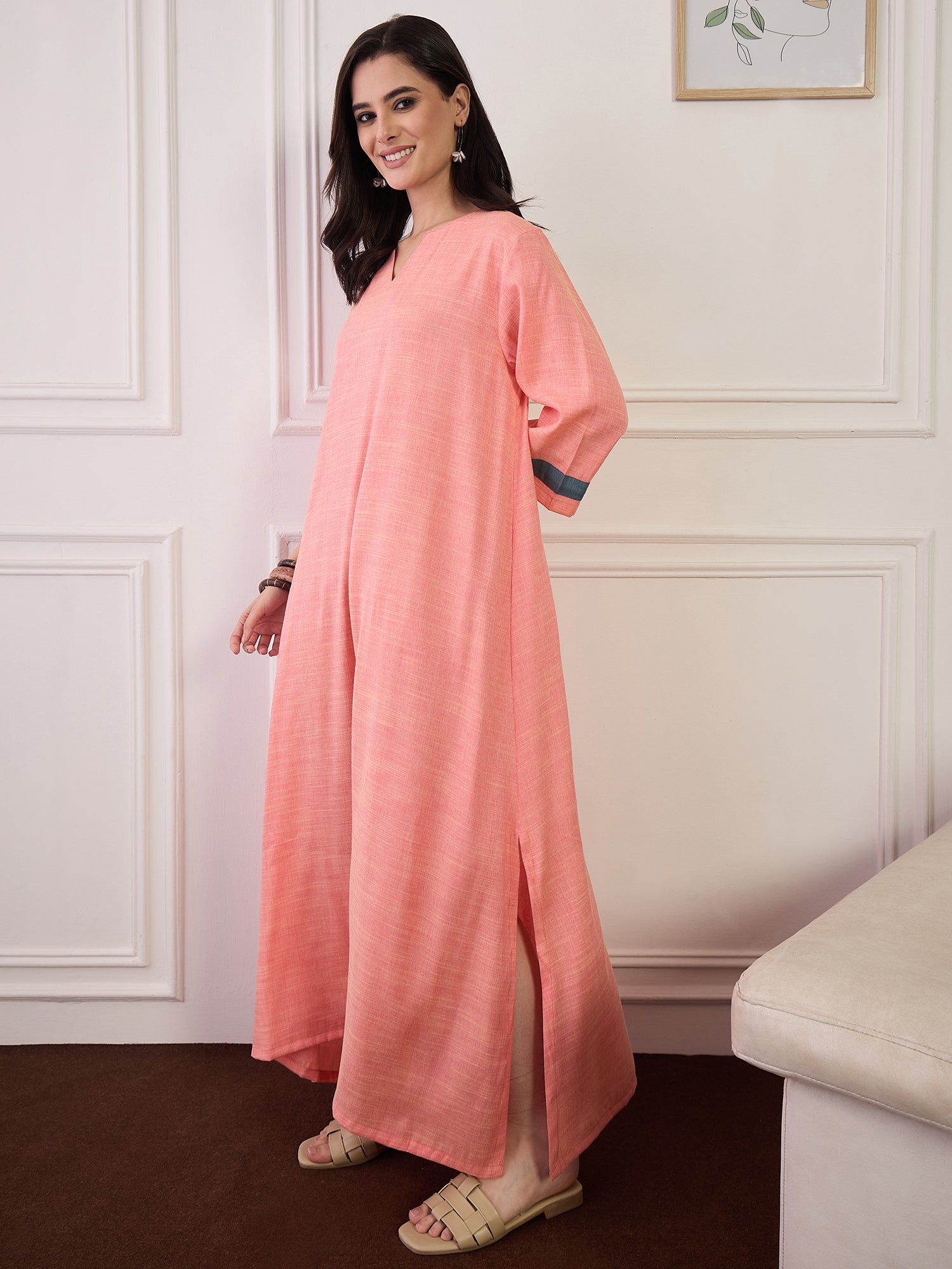 Peach Blue Patti V Neck Long Dress (To be dispatched in 7 -8 days)
