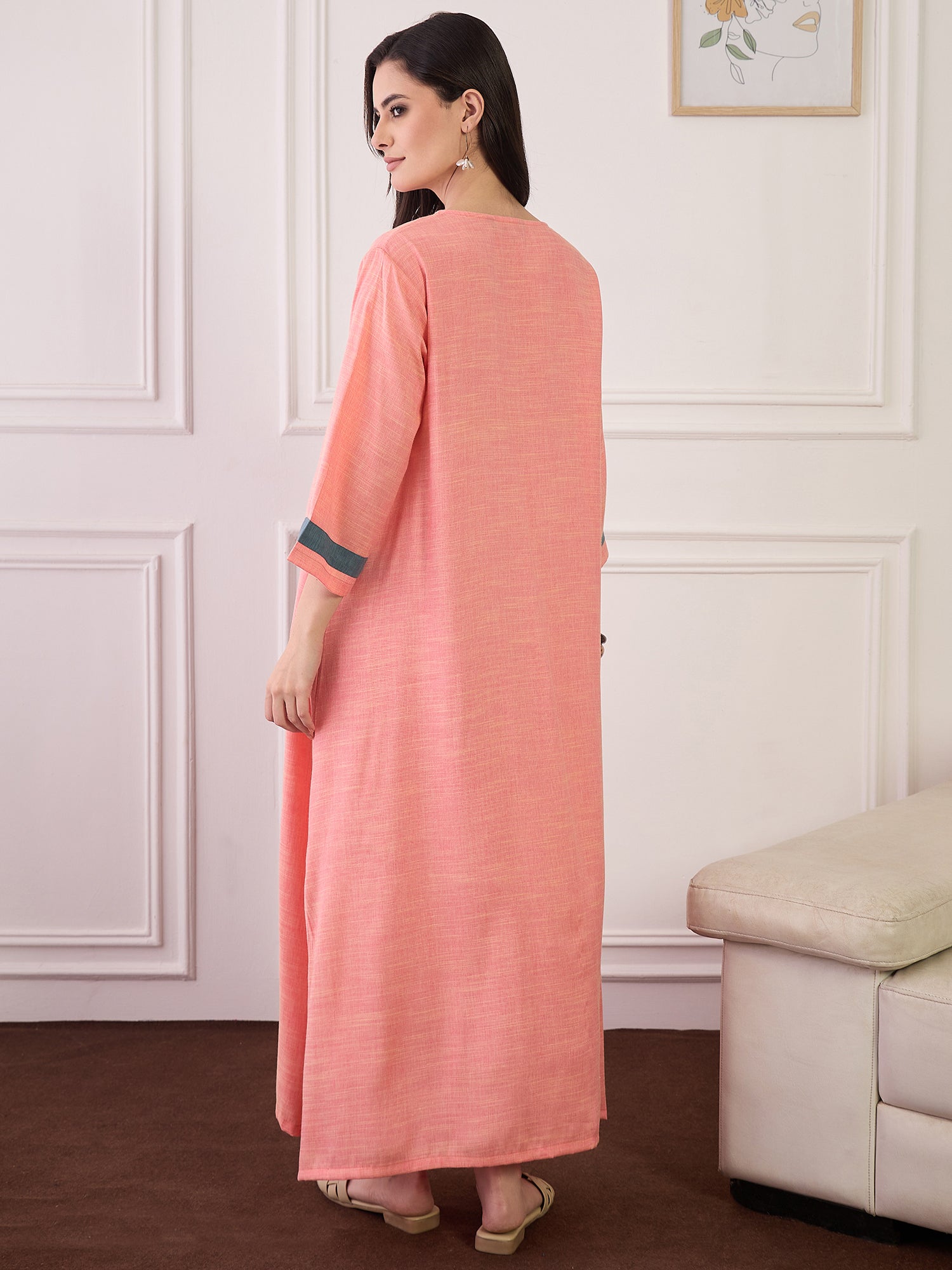 Peach Blue Patti V Neck Long Dress (To be dispatched in 7 -8 days)