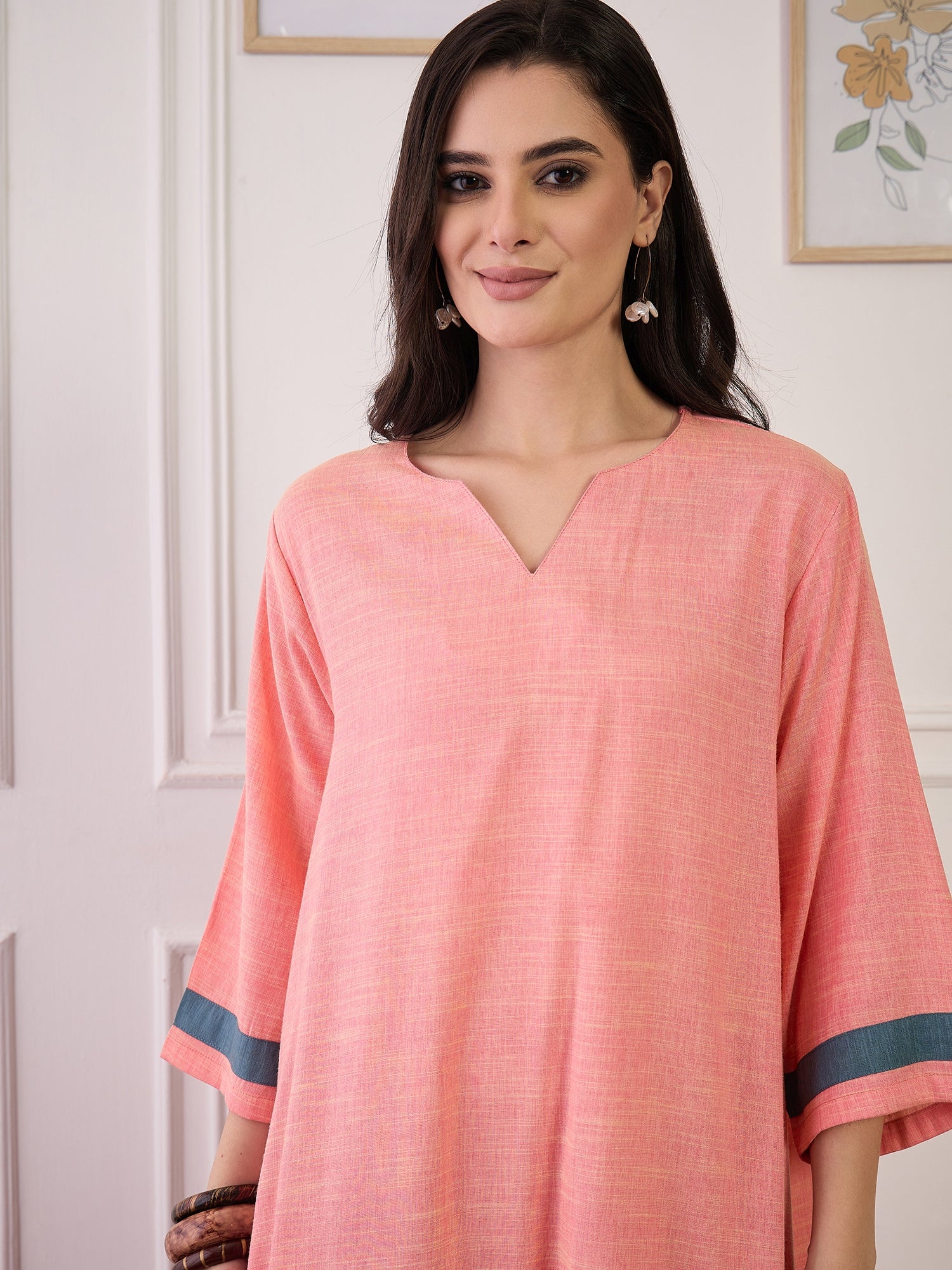 Peach Blue Patti V Neck Long Dress (To be dispatched in 7 -8 days)