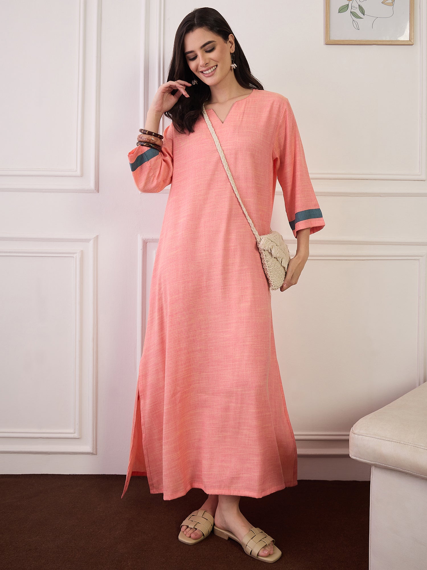 Peach Blue Patti V Neck Long Dress (To be dispatched in 7 -8 days)