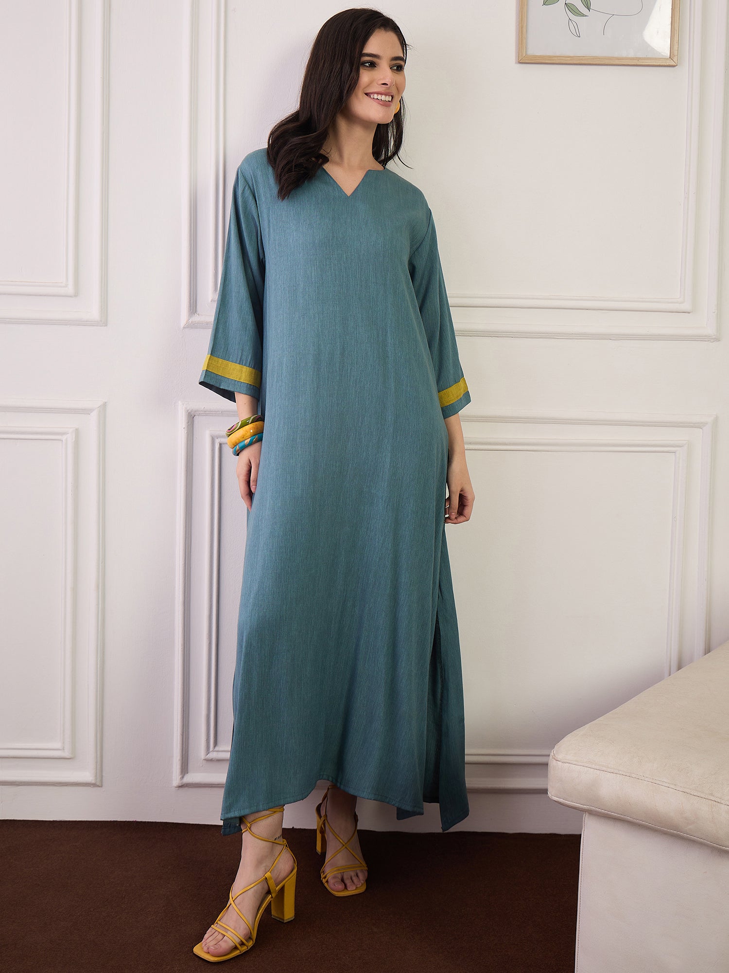 Dull Teal Olive Patti V Neck Long Dress (To be dispatched in 7 -8 days)