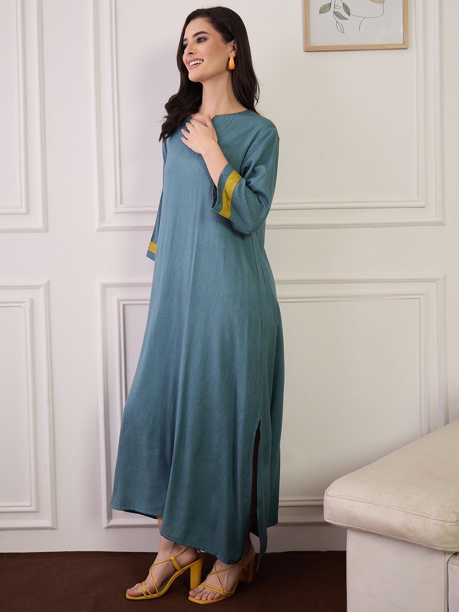Dull Teal Olive Patti V Neck Long Dress (To be dispatched in 7 -8 days)
