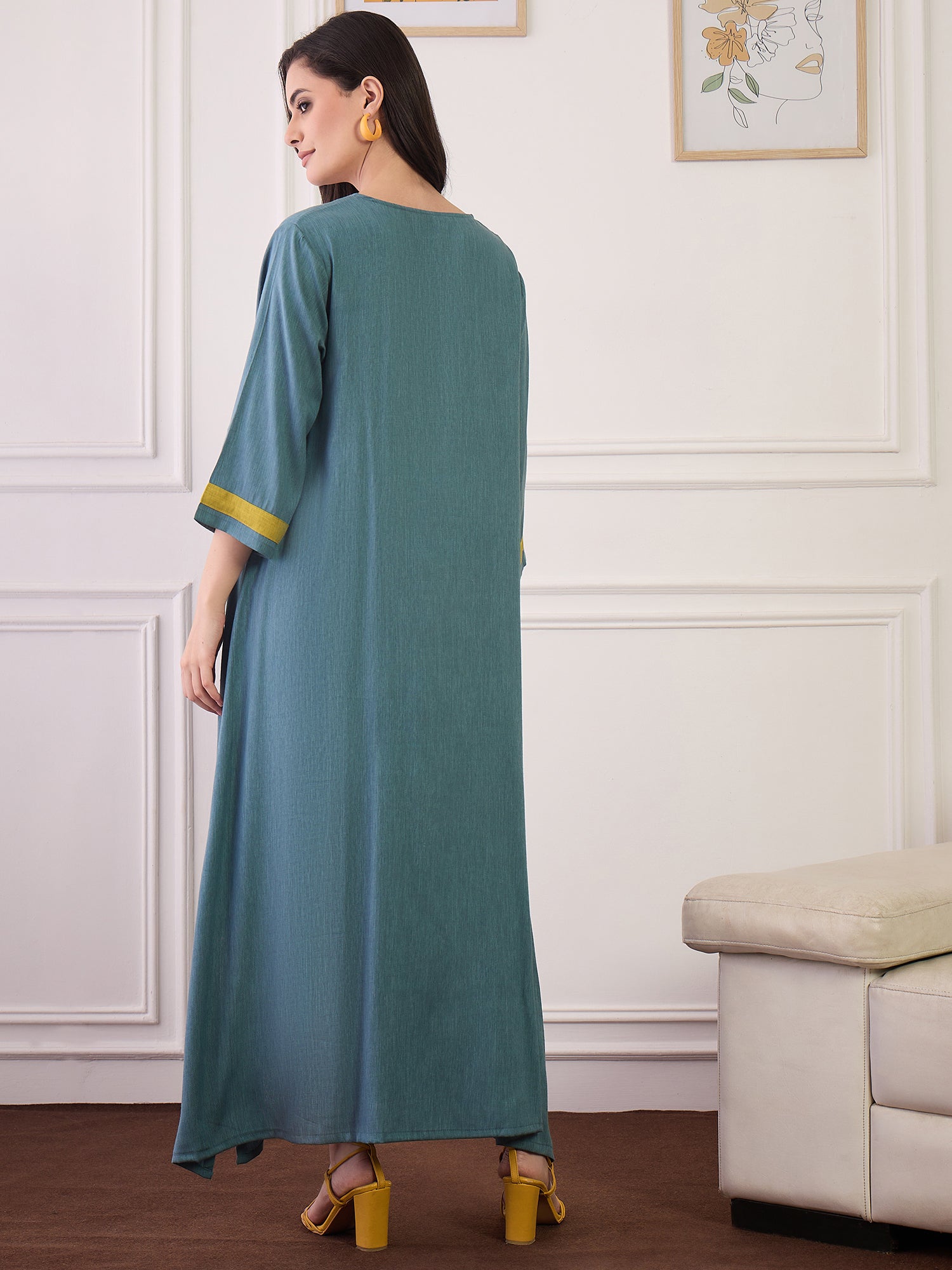 Dull Teal Olive Patti V Neck Long Dress (To be dispatched in 7 -8 days)