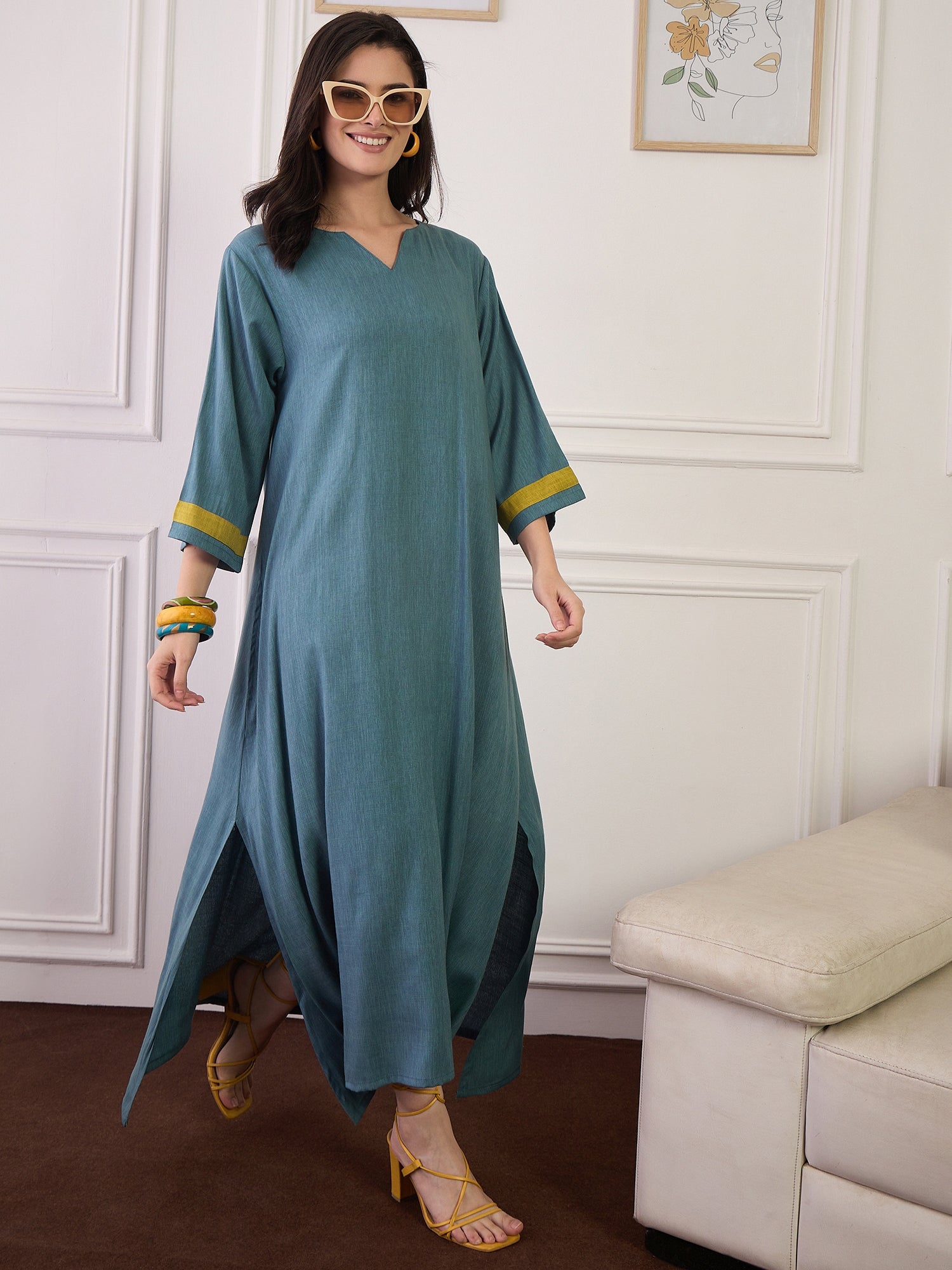 Dull Teal Olive Patti V Neck Long Dress (To be dispatched in 7 -8 days)