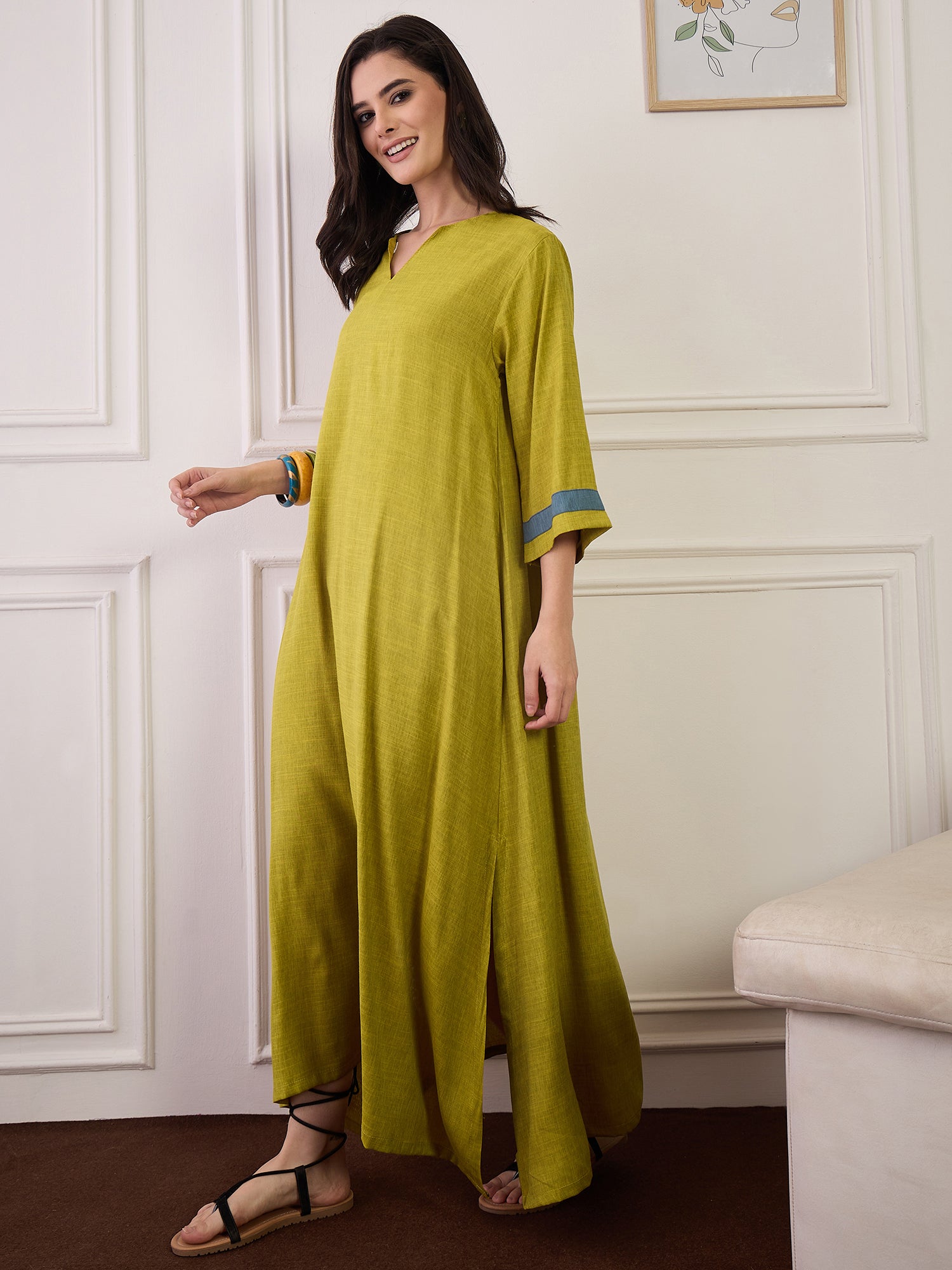Olive Blue Patti V Neck Long Dress (To be dispatched in 7 -8 days)