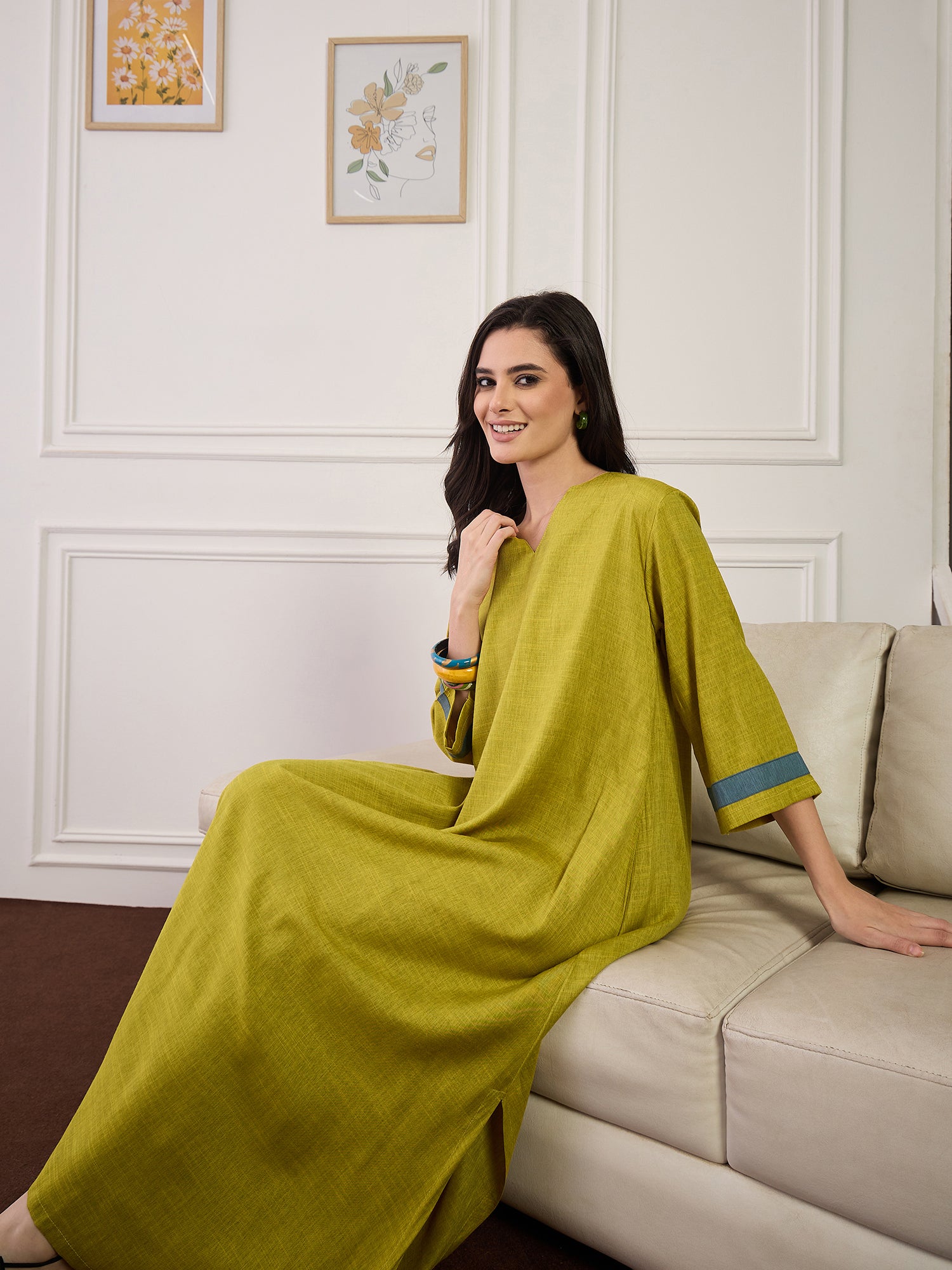 Olive Blue Patti V Neck Long Dress (To be dispatched in 7 -8 days)