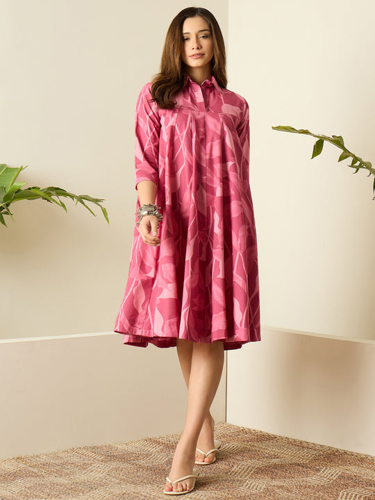 Dull Pink Leaf Print Flared Dress