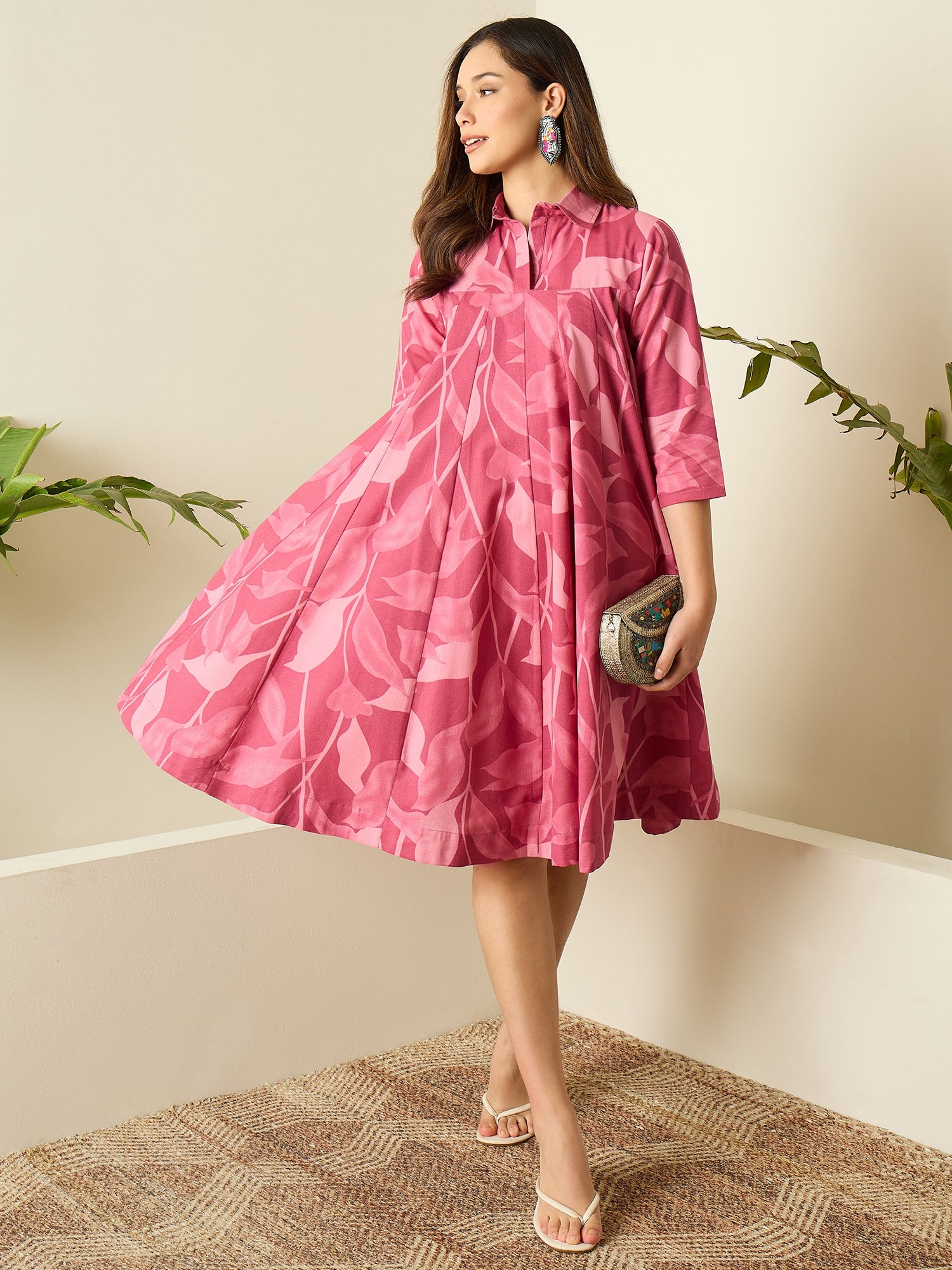 Dull Pink Leaf Print Flared Dress