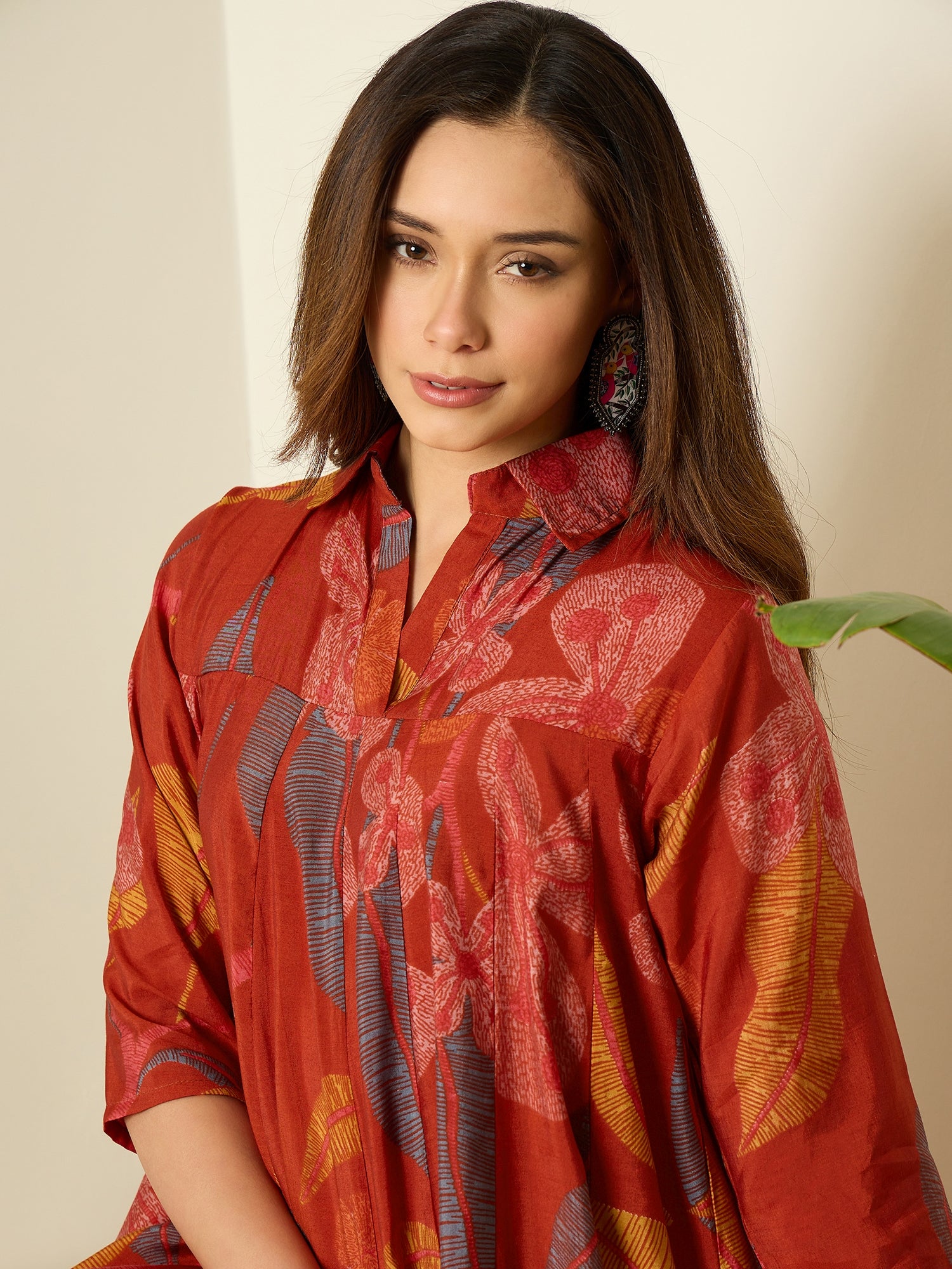 Rust Leaf Print Flared Dress