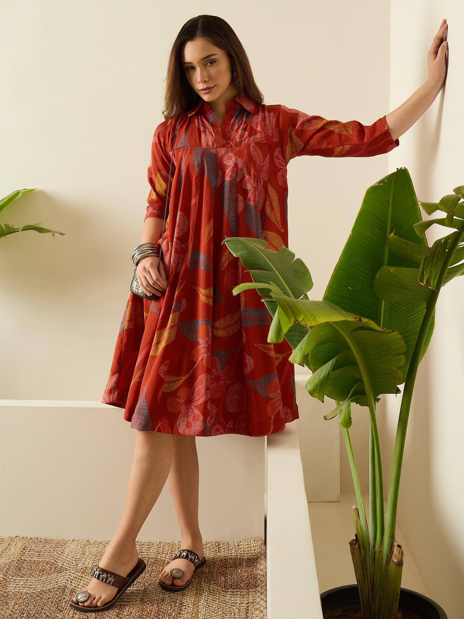 Rust Leaf Print Flared Dress