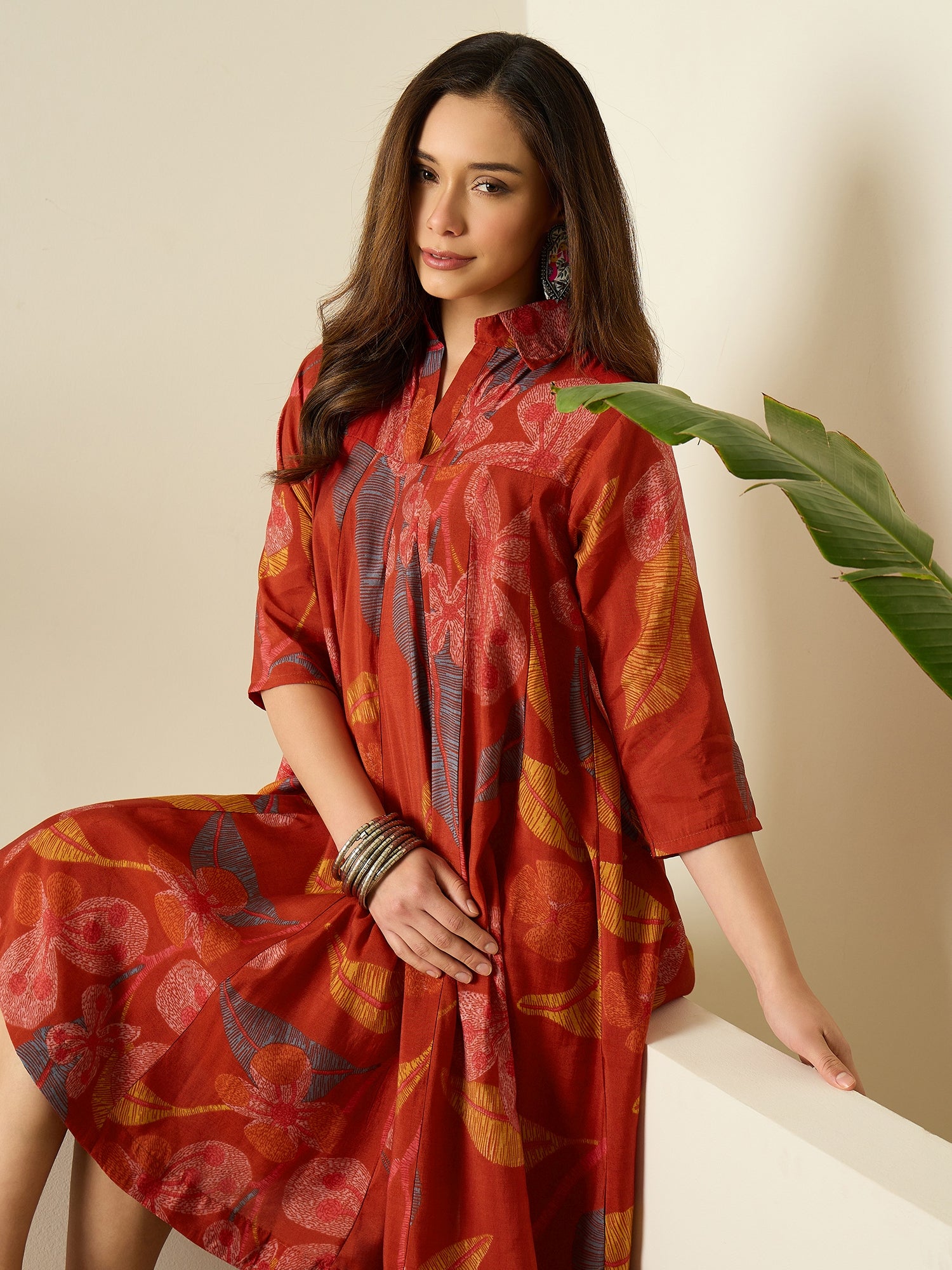 Rust Leaf Print Flared Dress