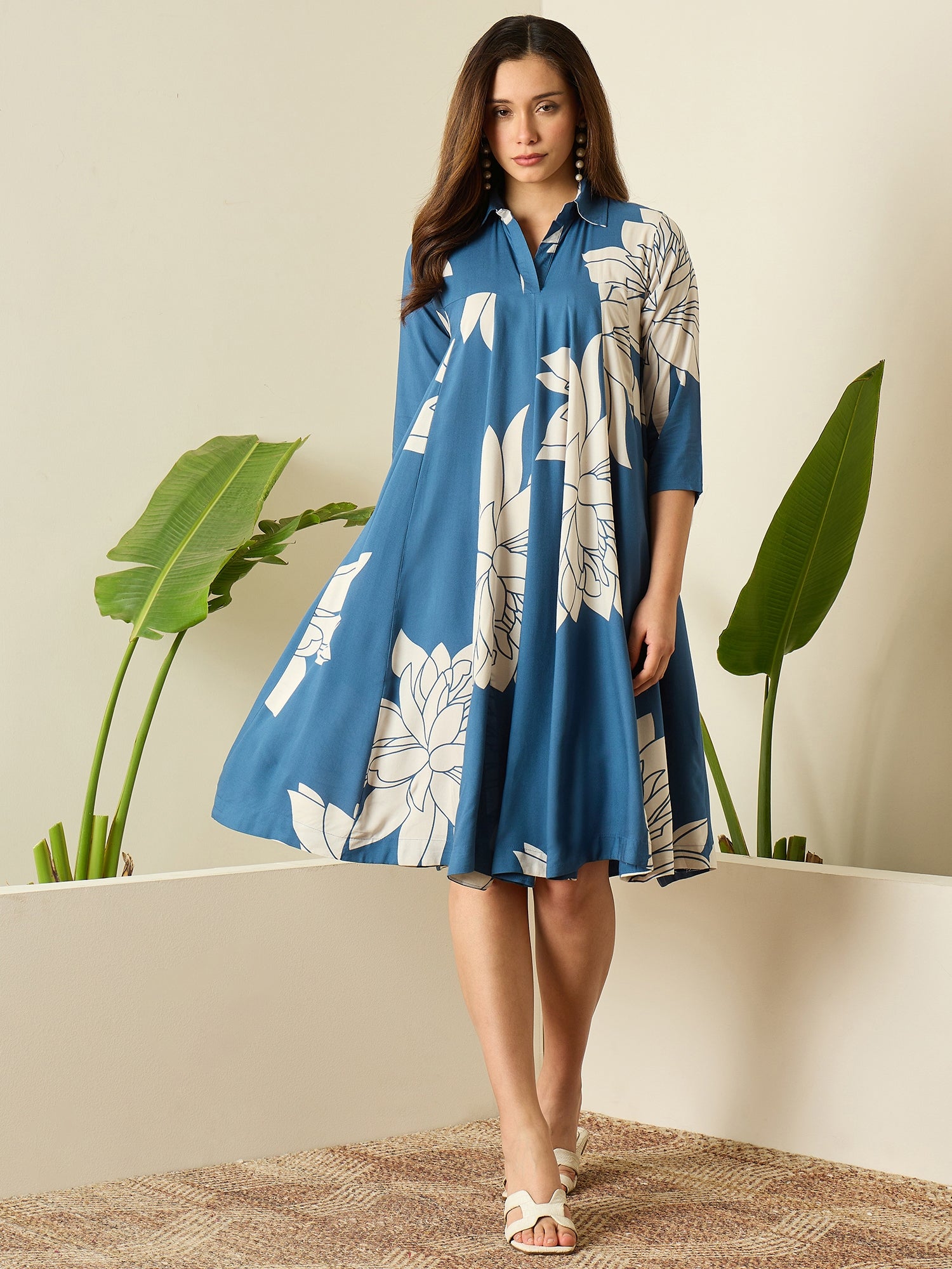 Blue Beige Lotus Flared Dress