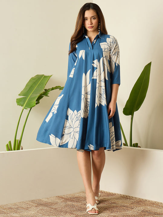 Blue Beige Lotus Flared Dress