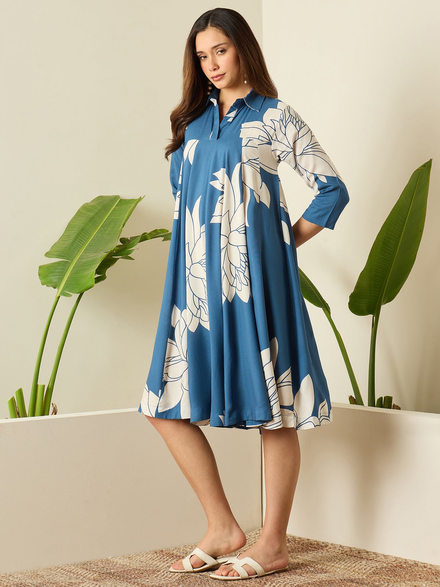 Blue Beige Lotus Flared Dress
