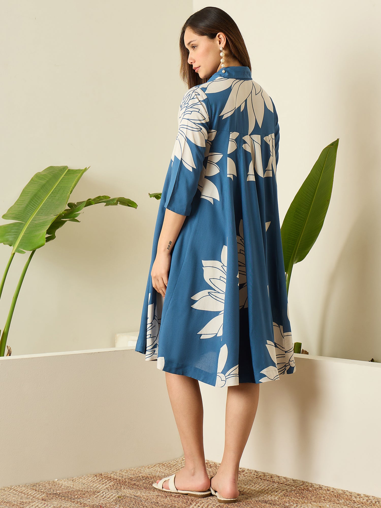 Blue Beige Lotus Flared Dress