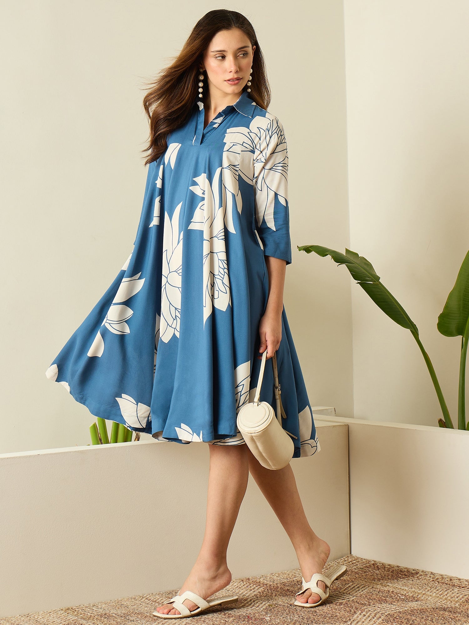 Blue Beige Lotus Flared Dress