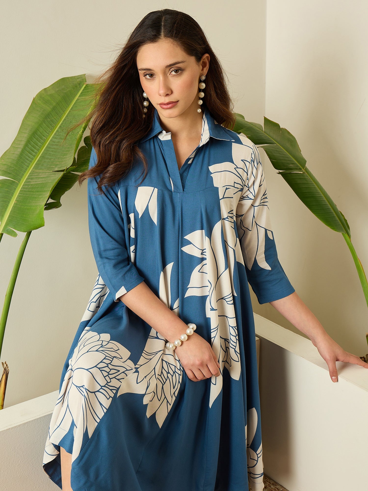 Blue Beige Lotus Flared Dress