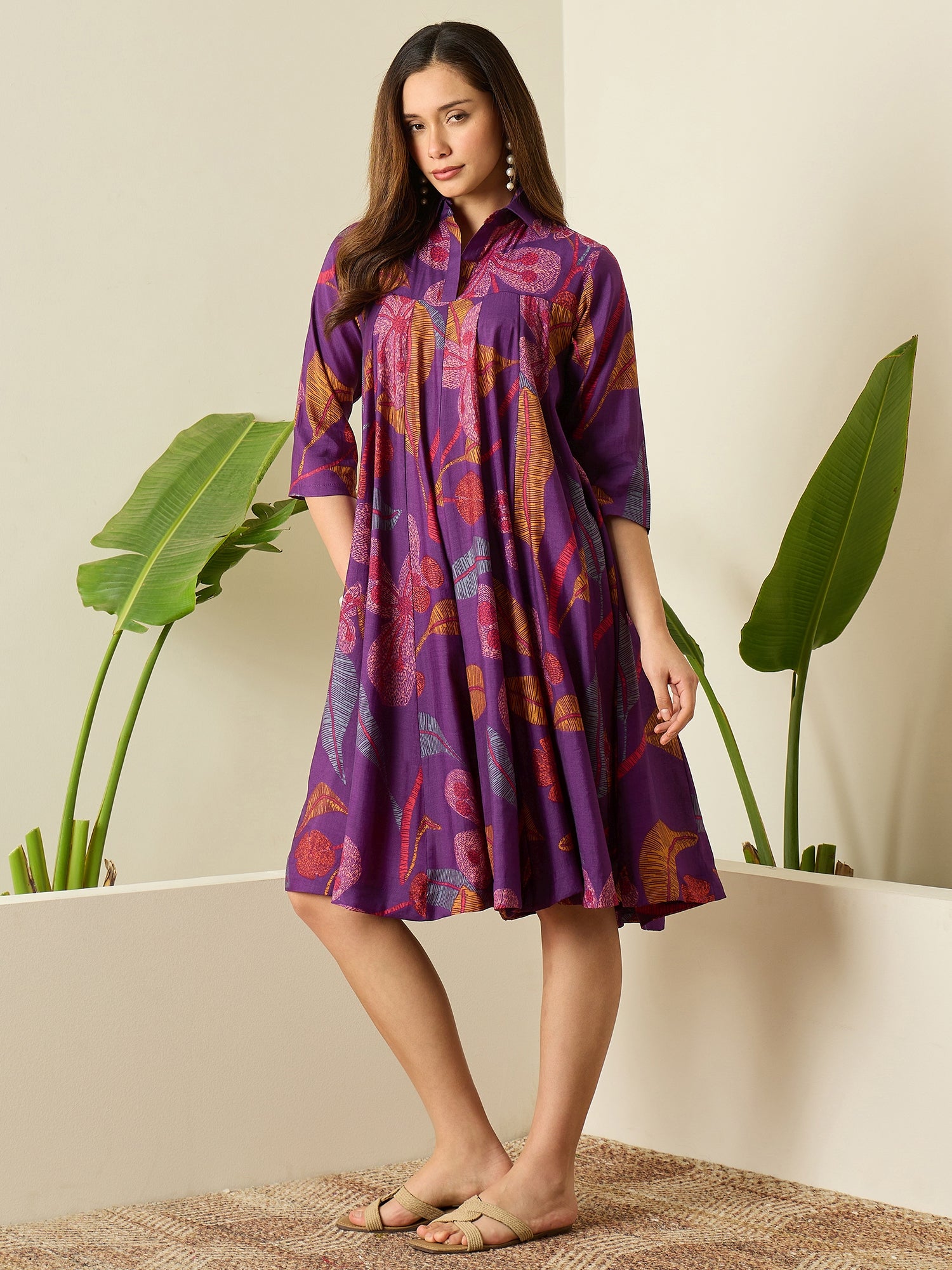 Purple Leaf Print Flared Dress