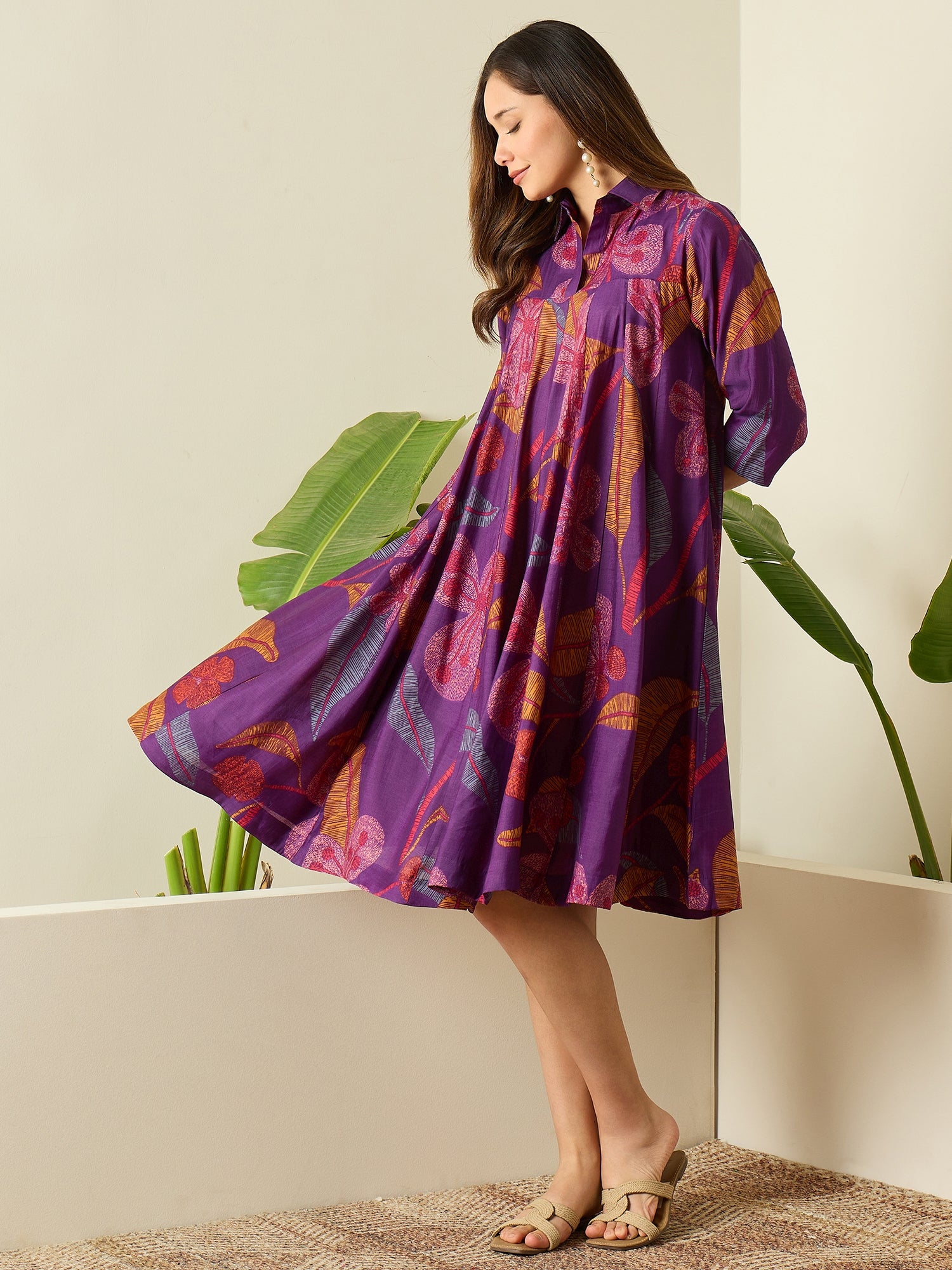 Purple Leaf Print Flared Dress