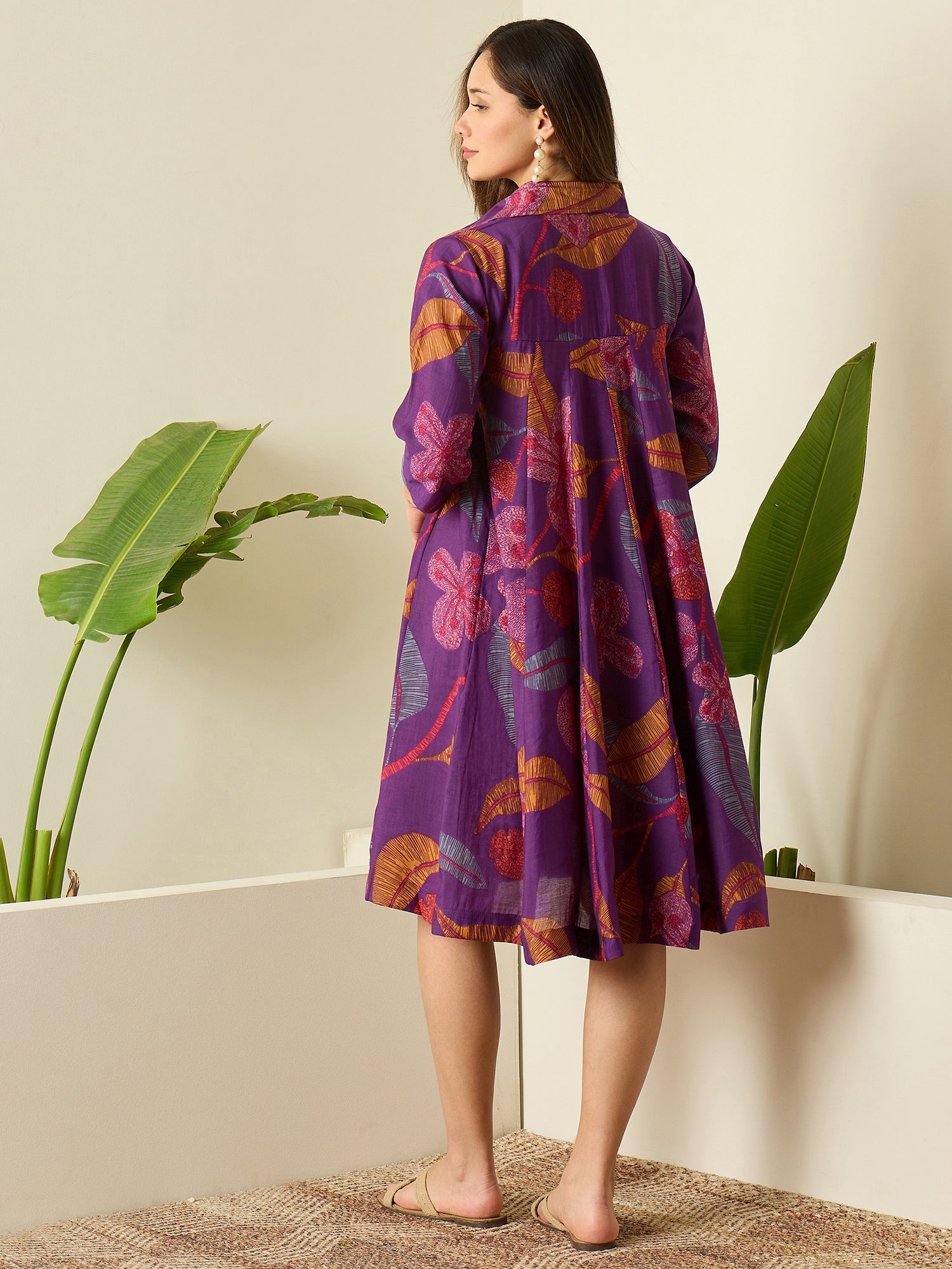 Purple Leaf Print Flared Dress