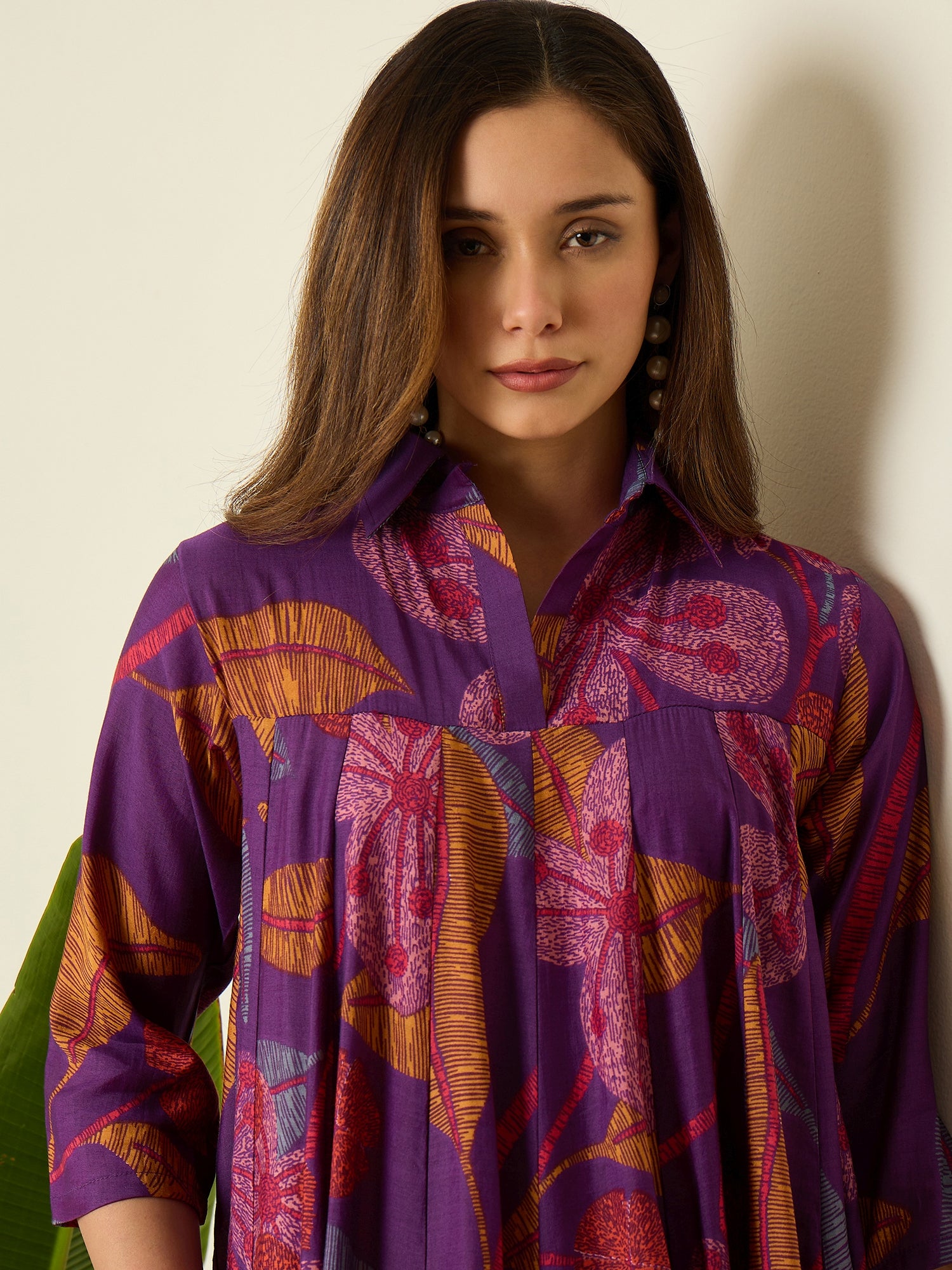 Purple Leaf Print Flared Dress