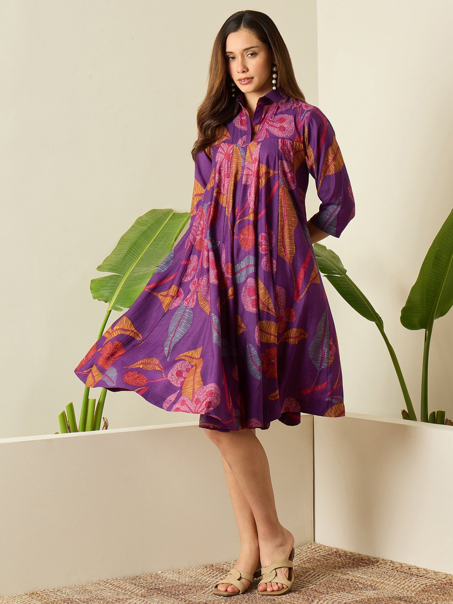 Purple Leaf Print Flared Dress