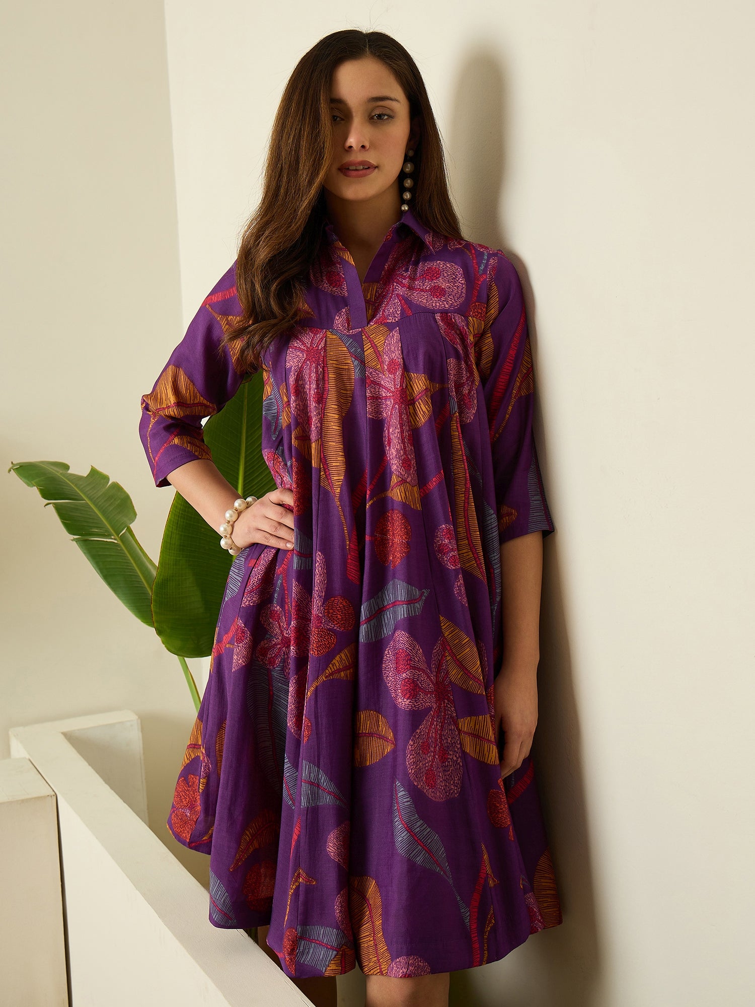 Purple Leaf Print Flared Dress