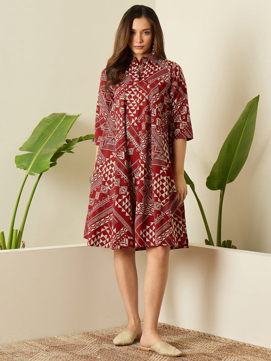 Maroon Tribal Print Flared Dress