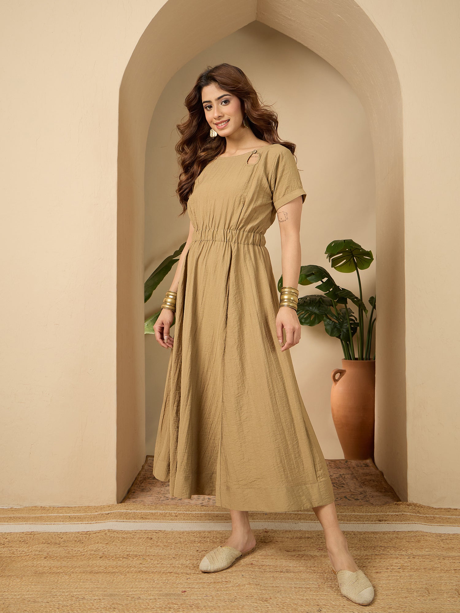 Khaki Side Keyhole Dress