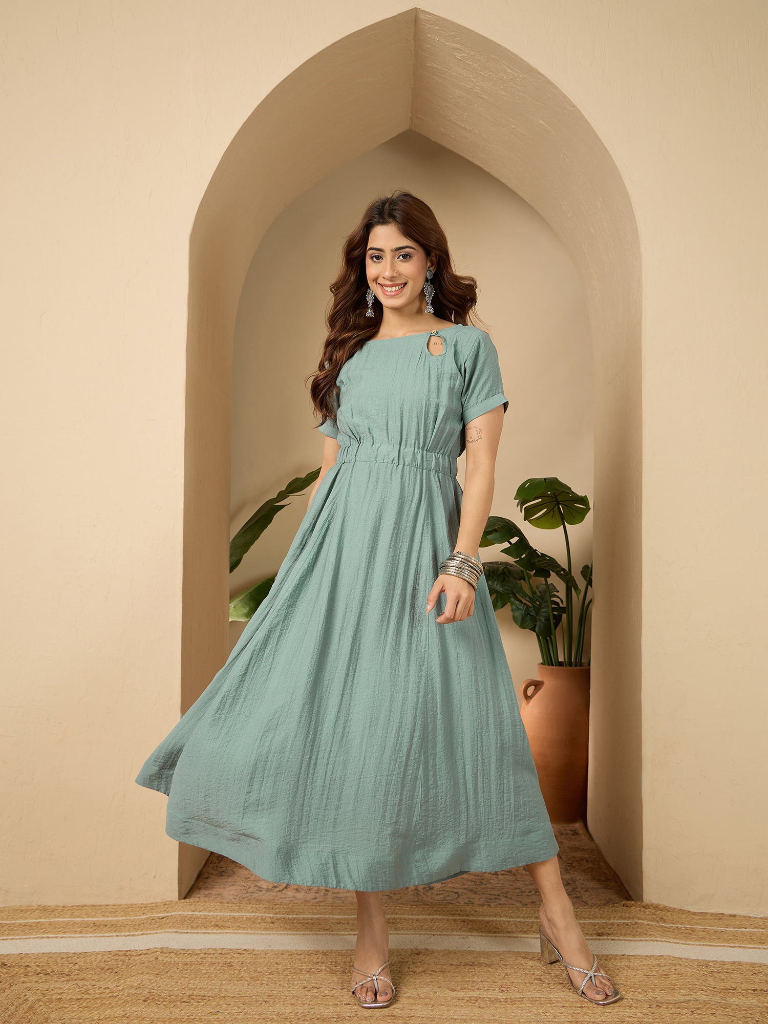 Sea Blue Side Keyhole Neck Dress