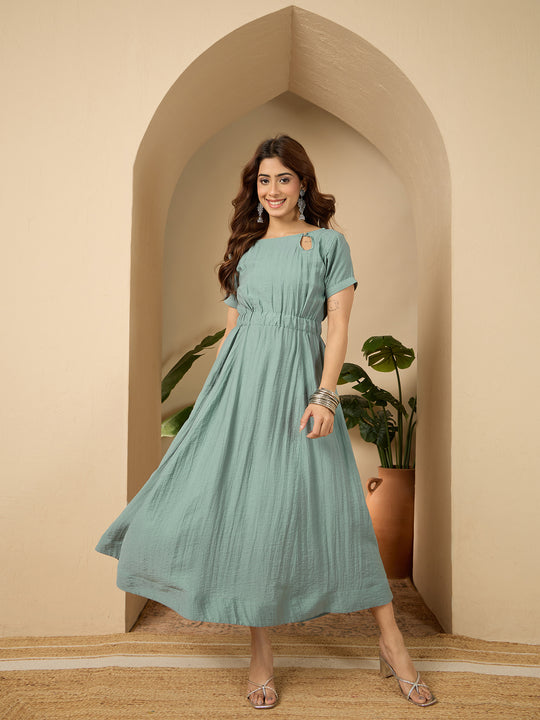 Sea Blue Side Keyhole Neck Dress